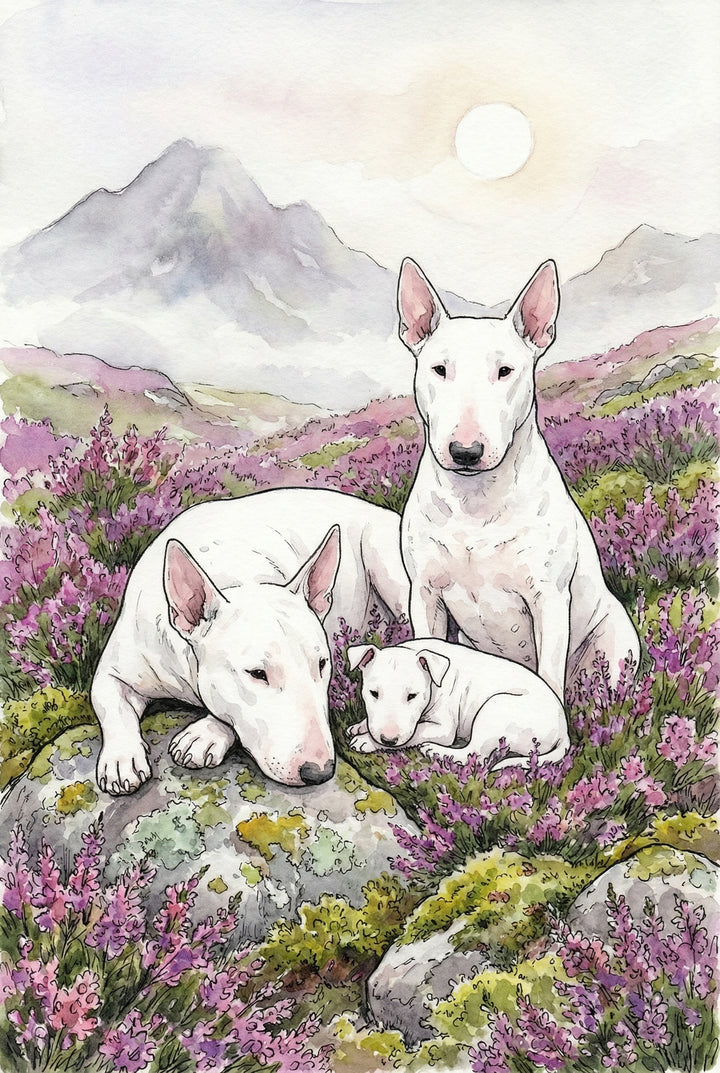 Bull terrier family rests on mossy rocks surrounded by vibrant heather and mountain peaks. One adult sits upright, while the others lounge closely, forming a cozy, protective cluster beneath the sun.
