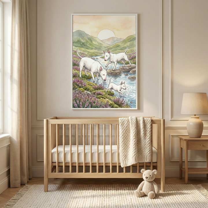 A serene nursery features a light-colored wooden crib positioned against a cream-colored paneled wall. A thick, knit blanket in a neutral tone hangs over the side of the crib. On the floor at the foot of the crib, a small stuffed teddy bear sits on a light-colored fringed rug. To the right, a simple lamp with a cream-colored base and shade rests on a matching wooden side table. Hanging above the crib is a large framed illustration with a watercolor aesthetic. 