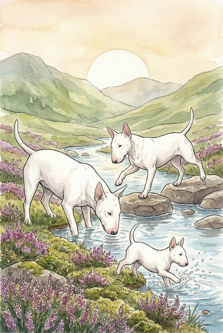 Two adult bull terriers and a puppy explore a sparkling mountain stream, with the puppy splashing excitedly in the water. Rolling green hills and purple wildflowers fill the tranquil landscape under a warm setting sun.

