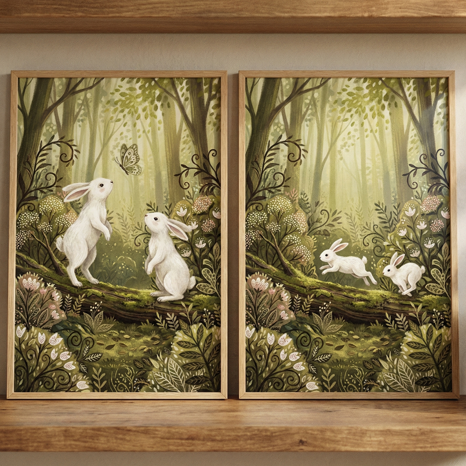 Two framed illustrations sit side-by-side on a rustic wooden shelf. Each piece depicts a whimsical forest scene in a soft, natural color palette. On the left, two white rabbits stand upright on a mossy log, gazing at a butterfly. On the right, two white rabbits leap along the log. The backgrounds feature stylized trees and dense foliage with delicate floral details, all rendered in muted greens and browns. The light wooden frames complement the earthy tones of the artwork.
