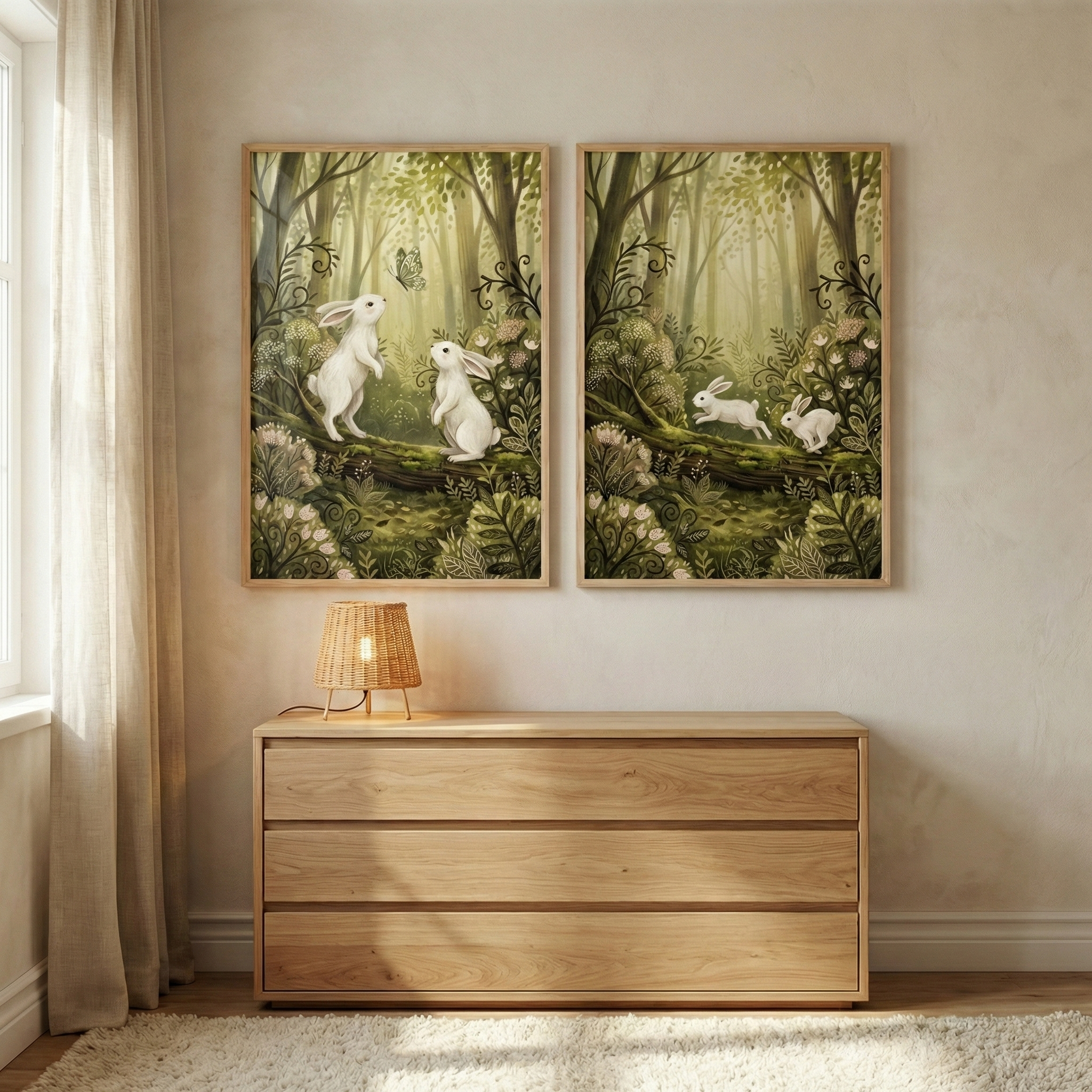 White Bunny Wall Art Set of 2 - Woodland Rabbit Friends
