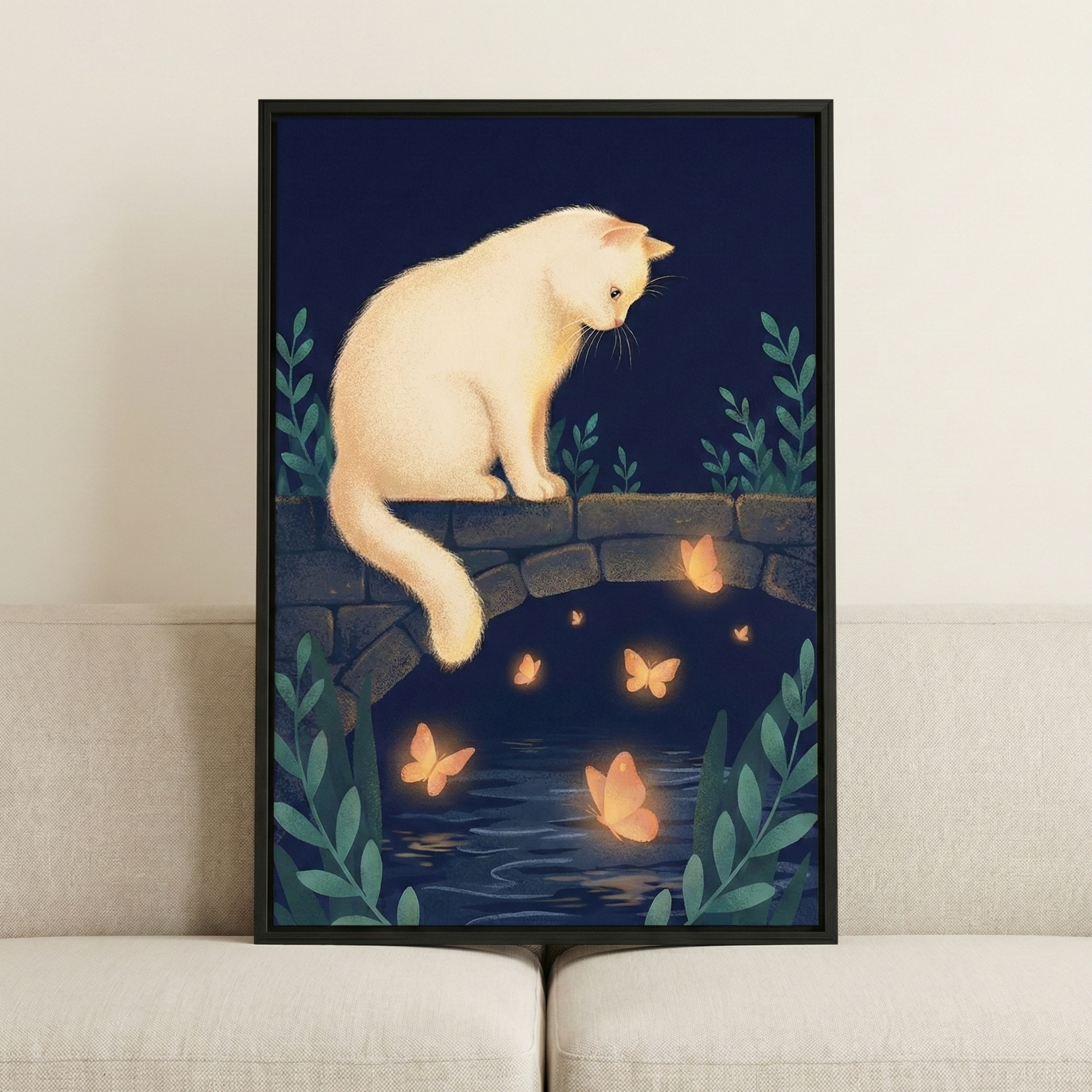 White Cat Nursery Wall Art - Midnight Butterfly Glow
