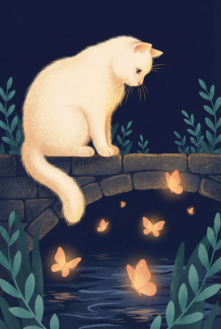 A soft-textured digital illustration depicts a fluffy, cream-colored cat perched on the edge of a low stone bridge. The cat leans forward, gazing down with curiosity at several glowing orange butterflies fluttering over dark, rippling water beneath the bridge's arch. The scene is set at night against a deep blue background, framed by dark teal leafy plants. The butterflies emit a warm, radiant light that contrasts with the cool, dark shadows of the surroundings.