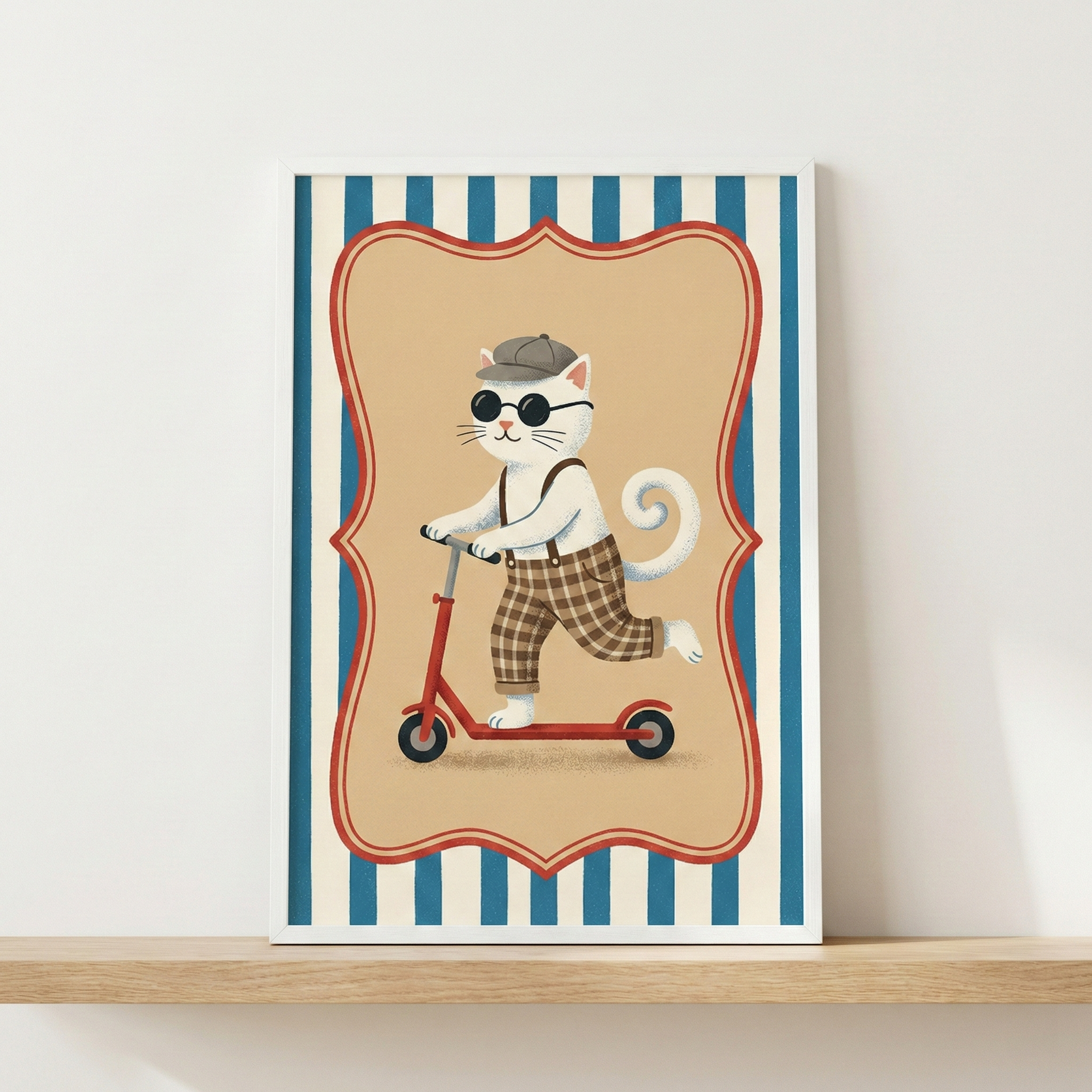 An illustration of a white cat dressed in a grey cap, black sunglasses, and brown plaid trousers with suspenders, riding a red kick scooter. The cat is centered within a tan, ornate border, which is set against a background of vertical blue and white stripes. The piece is held in a simple white frame and is resting on a light-colored wooden shelf against a plain white wall.