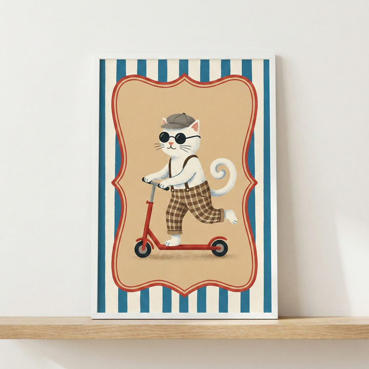 An illustration of a white cat dressed in a grey cap, black sunglasses, and brown plaid trousers with suspenders, riding a red kick scooter. The cat is centered within a tan, ornate border, which is set against a background of vertical blue and white stripes. The piece is held in a simple white frame and is resting on a light-colored wooden shelf against a plain white wall.