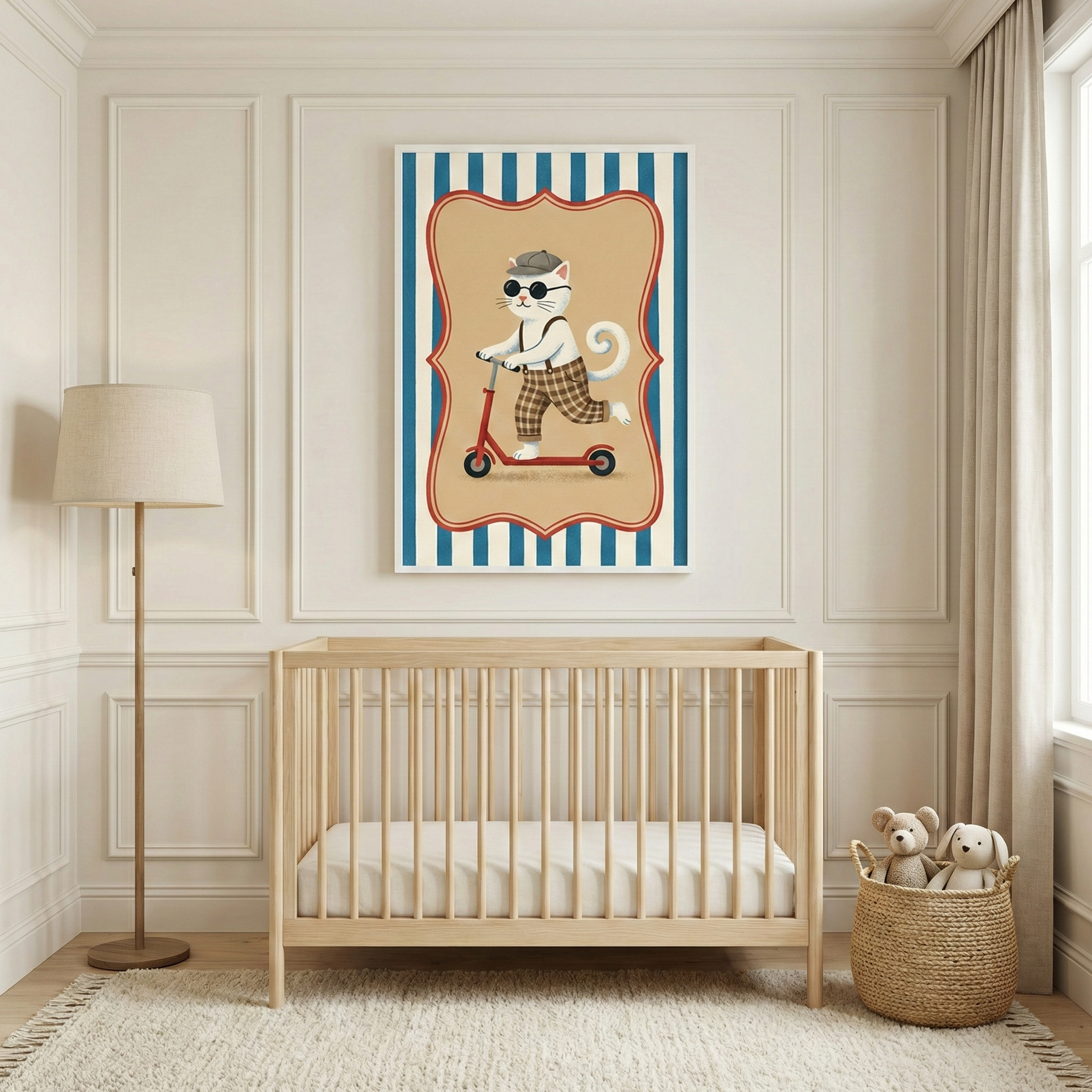 A bright, neutral-toned nursery featuring a natural wood crib and a framed illustration on the wall above it. The illustration depicts a whimsical white cat wearing sunglasses, a small hat, and plaid pants while riding a red scooter. The artwork is bordered by blue and white vertical stripes. To the left of the crib stands a tall floor lamp with a light-colored shade. To the right, a woven basket contains two stuffed toy animals. The room has light-colored walls with decorative paneling and a soft, textured