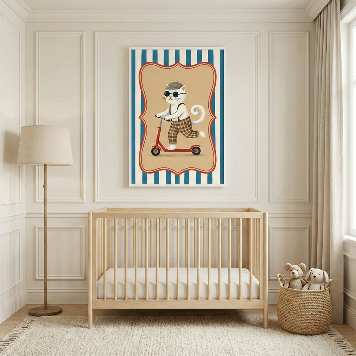 A bright, neutral-toned nursery featuring a natural wood crib and a framed illustration on the wall above it. The illustration depicts a whimsical white cat wearing sunglasses, a small hat, and plaid pants while riding a red scooter. The artwork is bordered by blue and white vertical stripes. To the left of the crib stands a tall floor lamp with a light-colored shade. To the right, a woven basket contains two stuffed toy animals. The room has light-colored walls with decorative paneling and a soft, textured