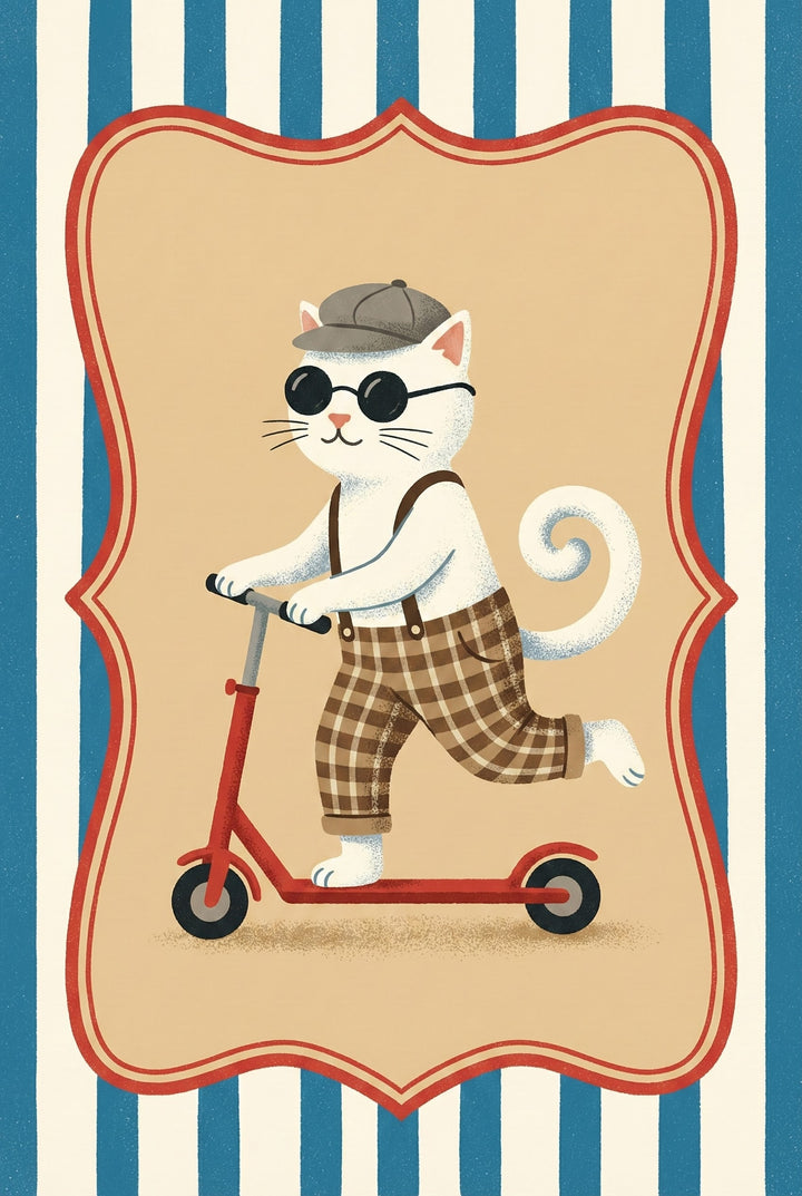 A white cat wearing round black sunglasses, a flat cap, and brown plaid pants rides a red scooter against a vintage circus-style striped background.
