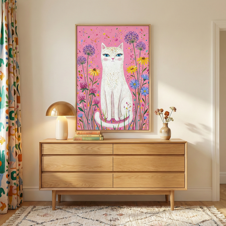 A framed piece of art hangs on a light-colored wall above a wooden dresser. The art depicts a white cat with striking blue eyes and golden speckles, sitting amidst whimsical flowers against a vibrant pink backdrop. The light-toned dresser has six drawers and holds a gold dome lamp, a small stack of books, and a vase with dried flowers. Soft sunlight illuminates the room, which includes a colorful patterned curtain on the left and a textured cream rug on the floor.