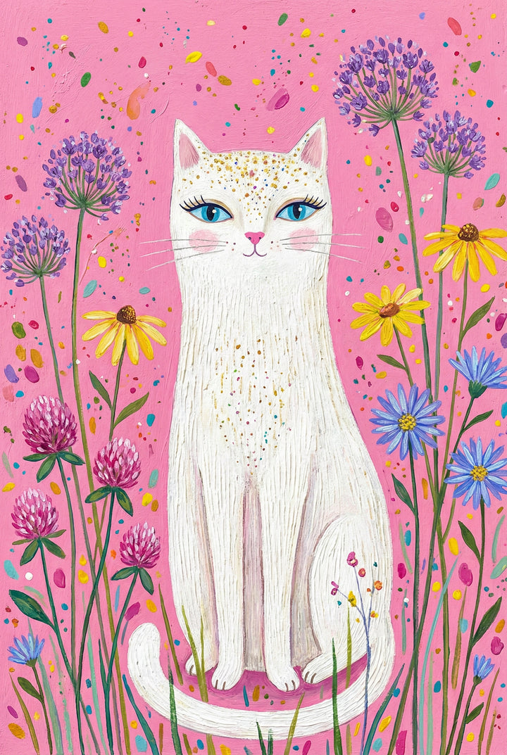 A white cat with blue eyes and golden speckles on its forehead sits tall in a field of yellow, purple, and pink flowers. The bright pink background is dotted with cheerful color flecks.