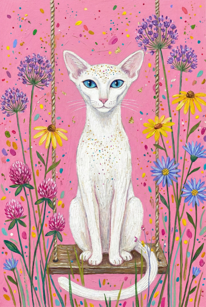 A slender white cat with icy blue eyes and subtle glitter accents sits gracefully on a wooden swing. Purple alliums and yellow daisies frame the pink, speckled background.