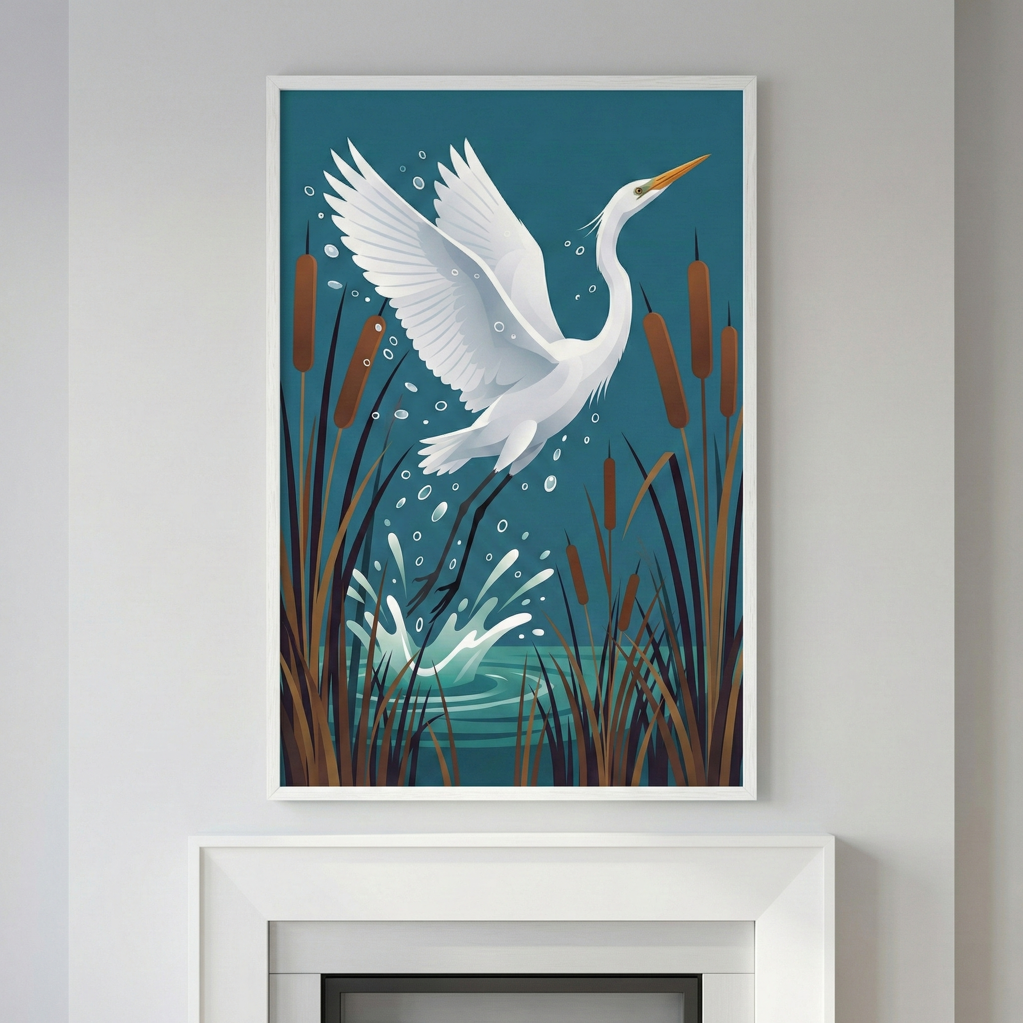 A framed vertical illustration of a white bird taking flight from a marsh hangs on a white wall. The bird, with wide wings and a long beak, is shown against a deep blue background with brown reeds and a splash of water. The art is above a light wood console table holding a cream vase with dried branches, a stack of books, and a marble tray. To the right, a leafy green plant in a terracotta pot sits on the floor. Bright natural light fills the clean, minimalist interior.