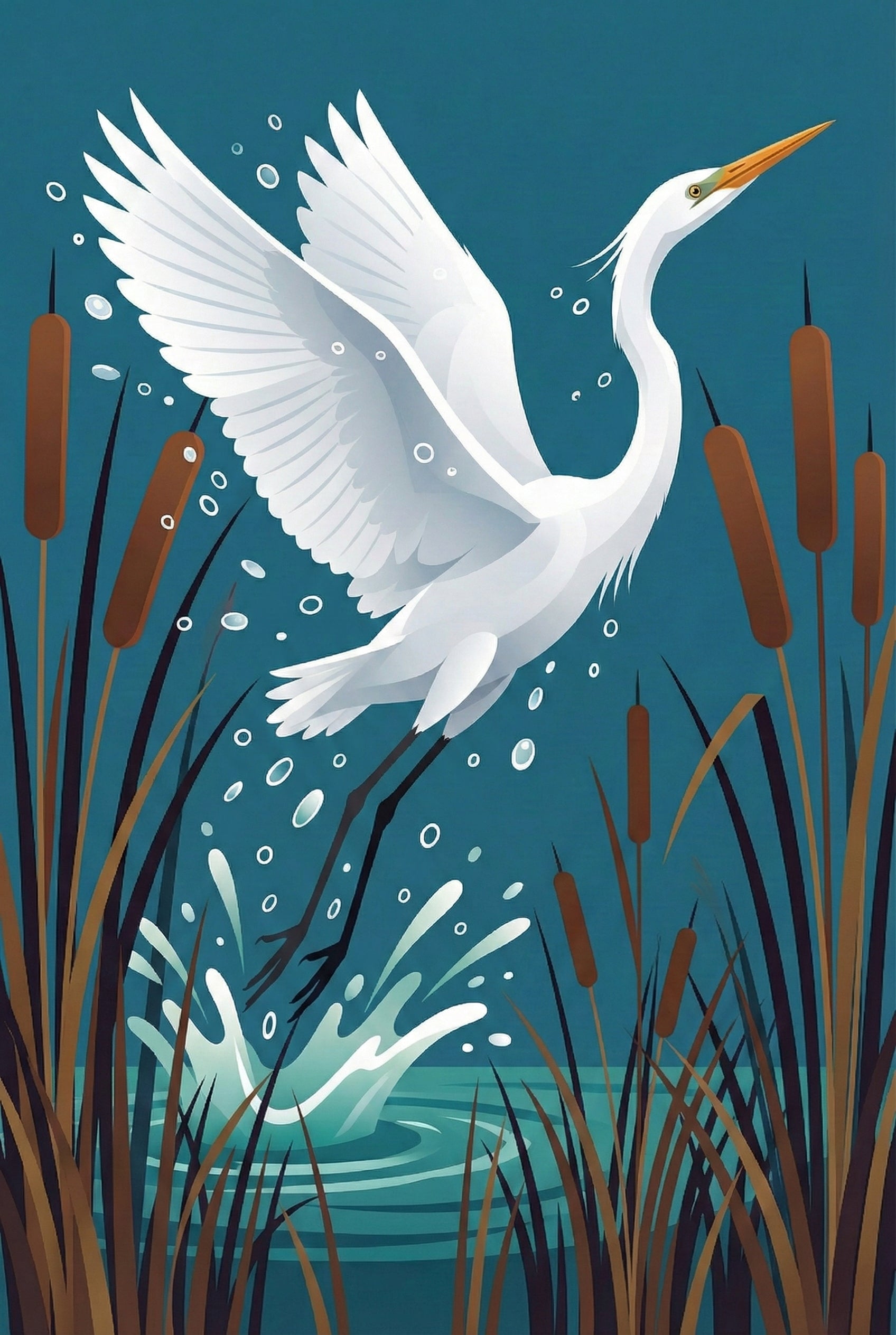 A stylized graphic illustration depicts a white egret taking flight from a marsh. Its large wings are spread wide, revealing layered feathers, while its long neck and sharp orange beak point skyward. The bird creates a dynamic splash of light blue and white water, with circular droplets scattered in the air. Tall, slender brown reeds and cattails frame the scene against a deep teal background. The piece features smooth gradients, clean lines, and a modern aesthetic.