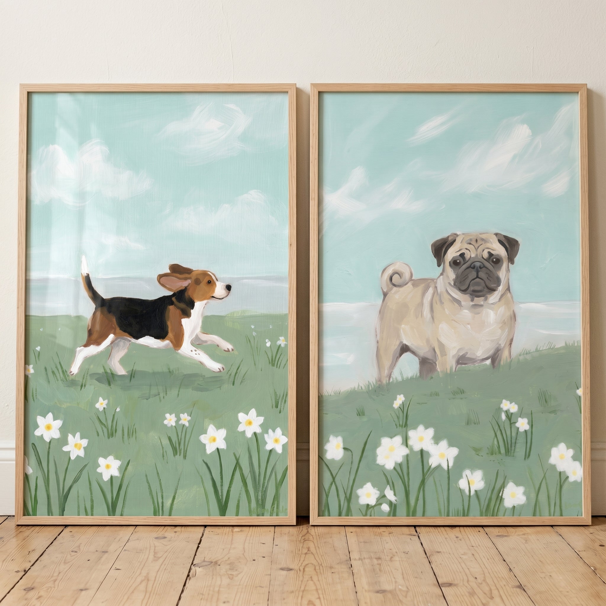 White Daffodil Coastal Dog Wall Art Set of 2 - Petal Patch Pups