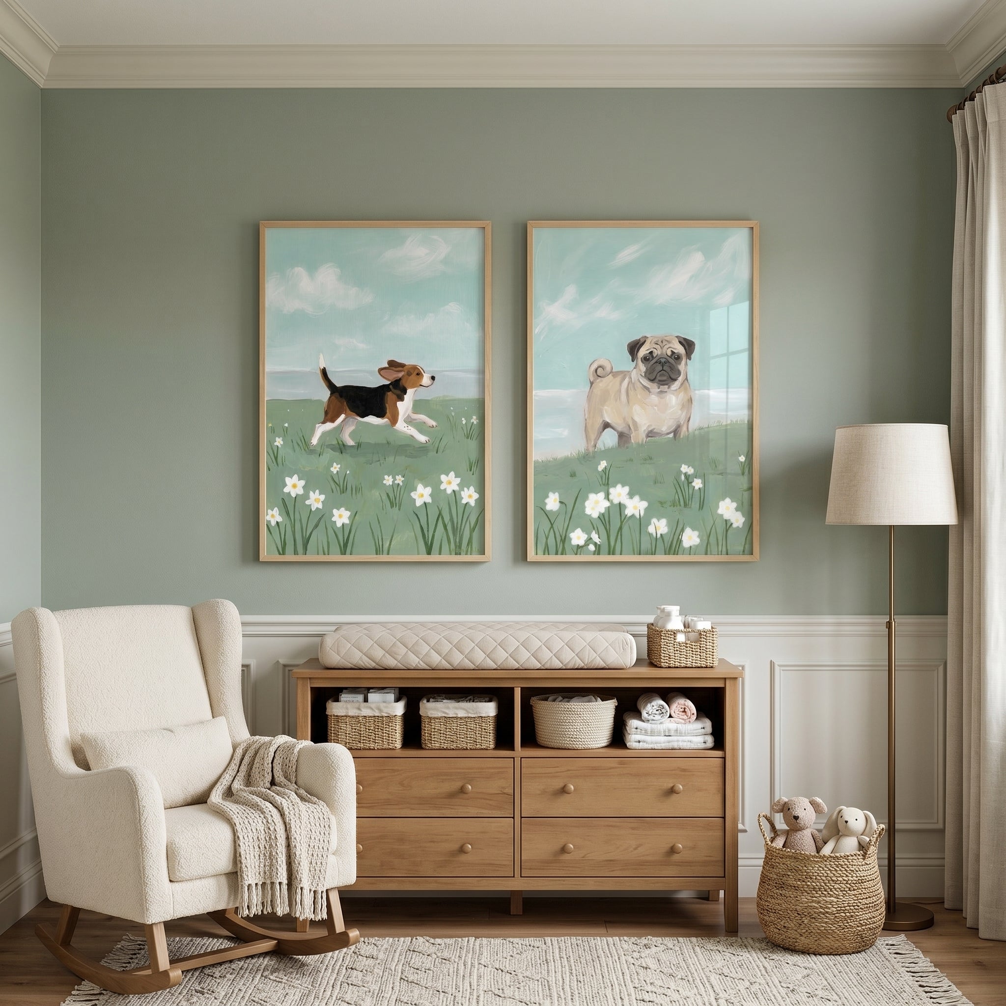 White Daffodil Coastal Dog Wall Art Set of 2 - Petal Patch Pups