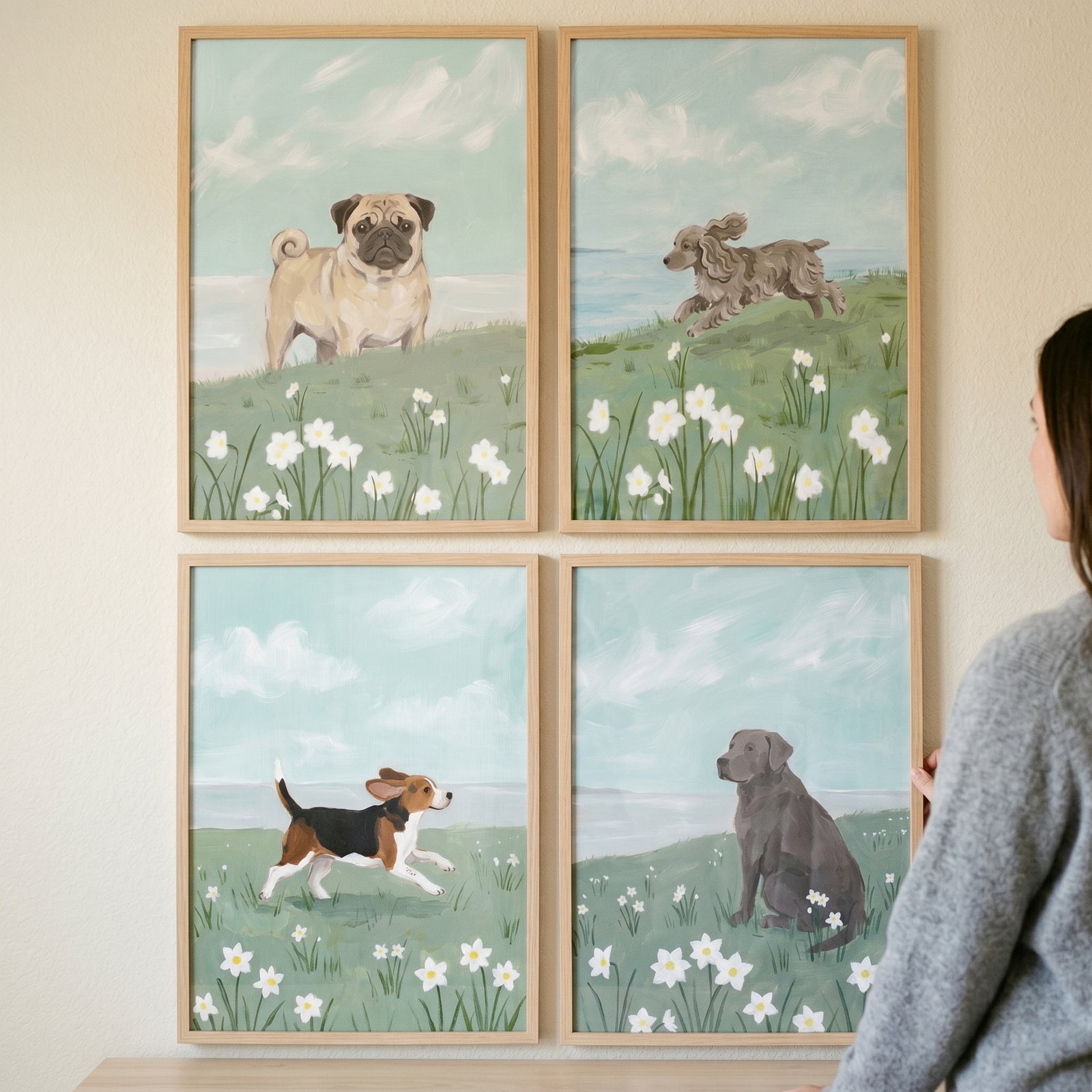 A person stands beside a white daisy pasture dog artwork set of 4 featuring various breeds in flower-filled fields.