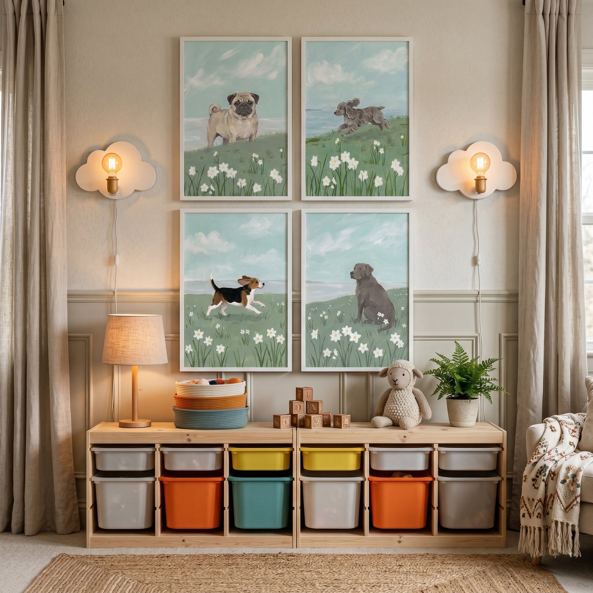 White Daisy Pasture Dog Artwork Set of 4 - Coastal Canine Days