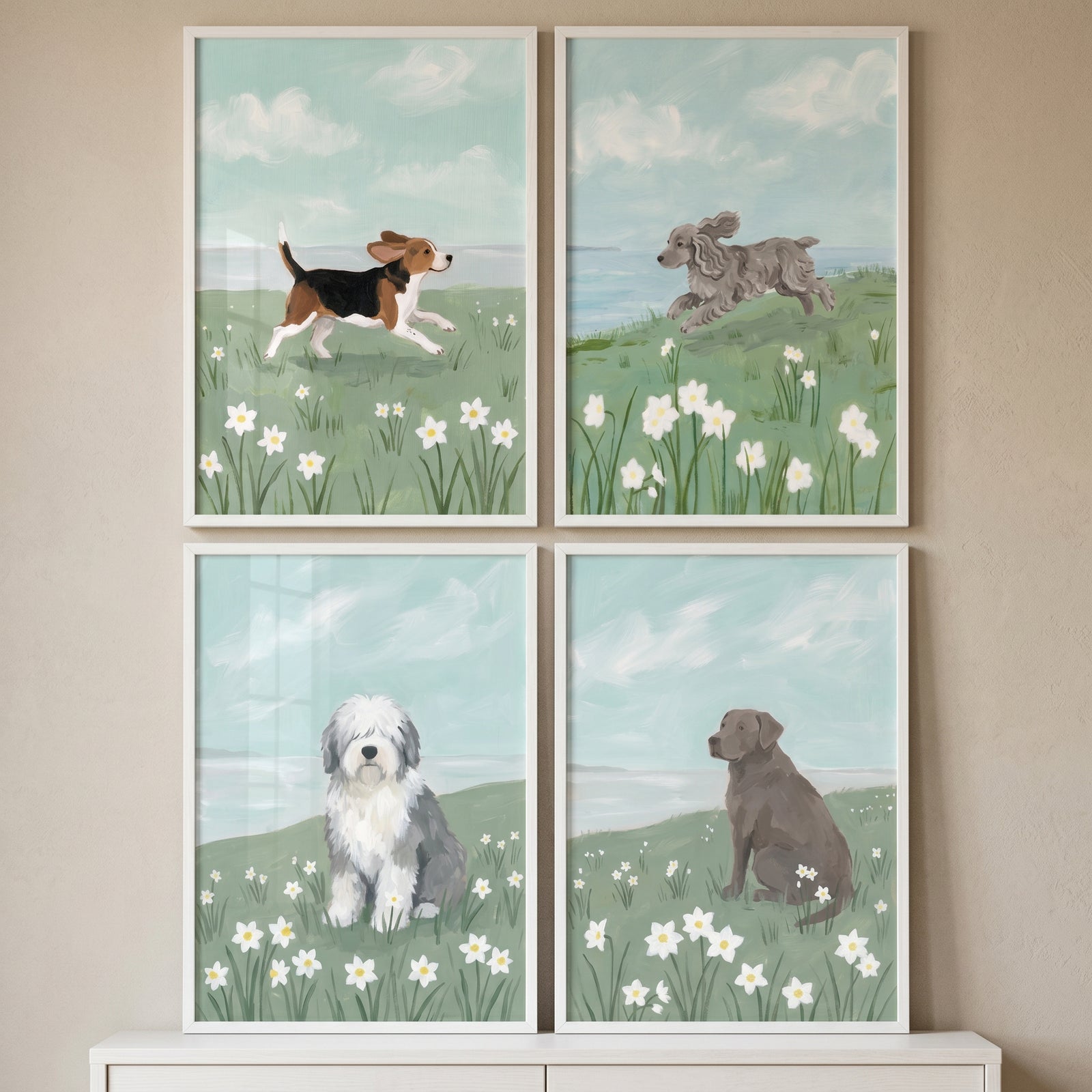 White daisy spring dog artwork set of 4 depicts a beagle, poodle, sheepdog, and labrador in floral meadows.