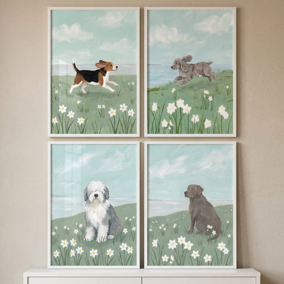 White daisy spring dog artwork set of 4 depicts a beagle, poodle, sheepdog, and labrador in floral meadows.