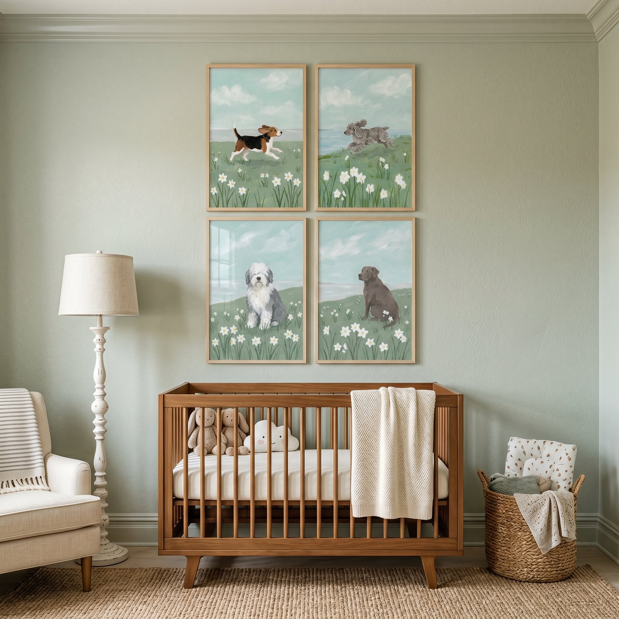 White Daisy Spring Dog Artwork Set of 4 - Spring Blossom Pups