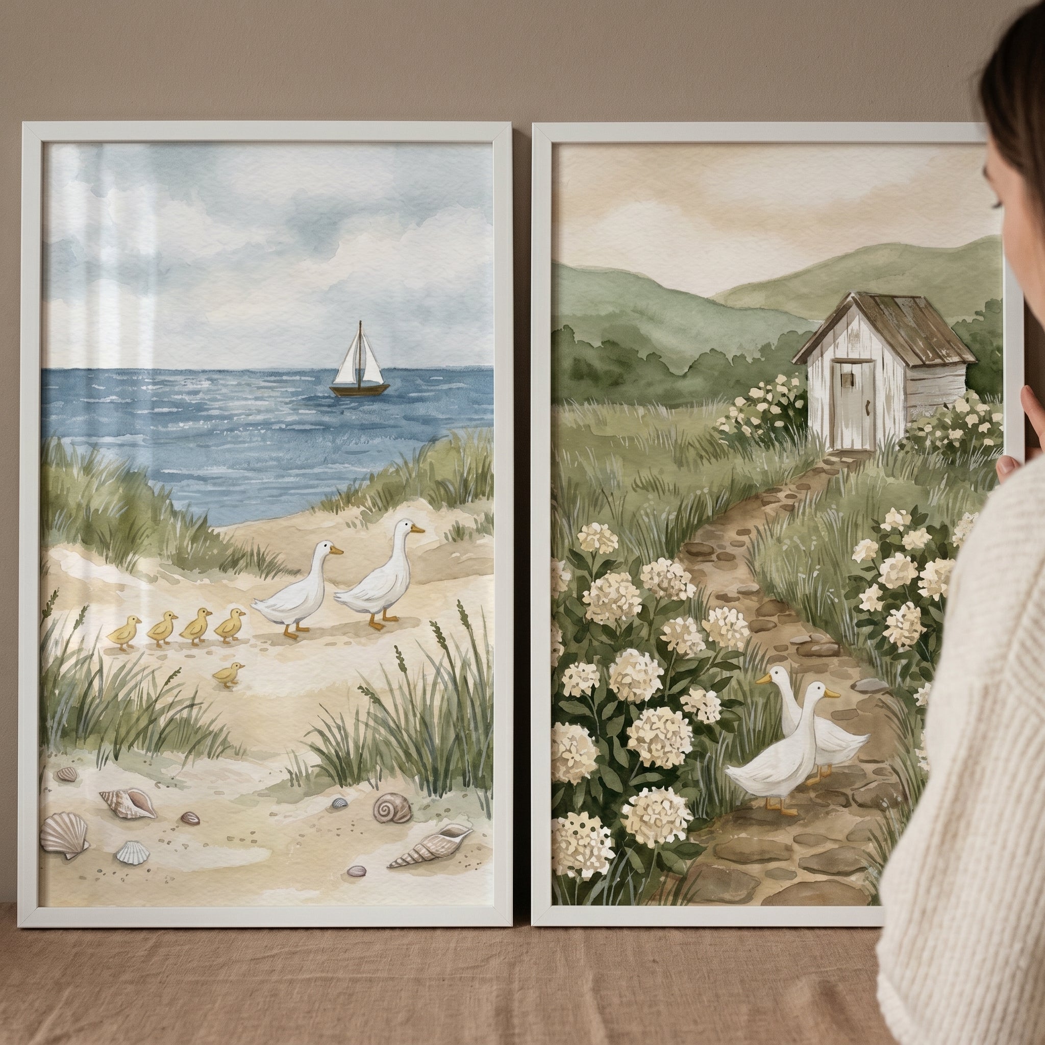 White Duck Wall Art Set of 2 - Coastal Duck Walk