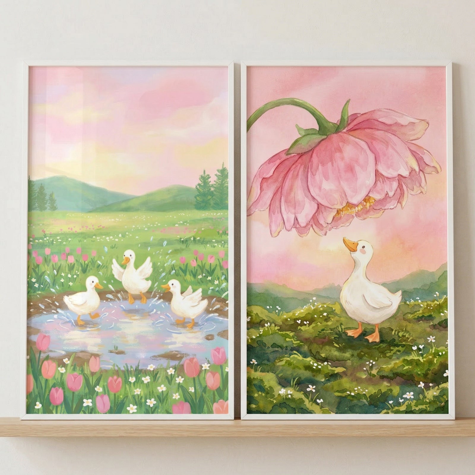 Two framed watercolor illustrations sit side by side on a wooden shelf showing soft pastel countryside scenes with ducks. One shows three white ducks splashing in a shallow pond surrounded by pink tulips and distant green hills while the other shows a single duck looking up at a large pink flower hanging above it in a grassy field.