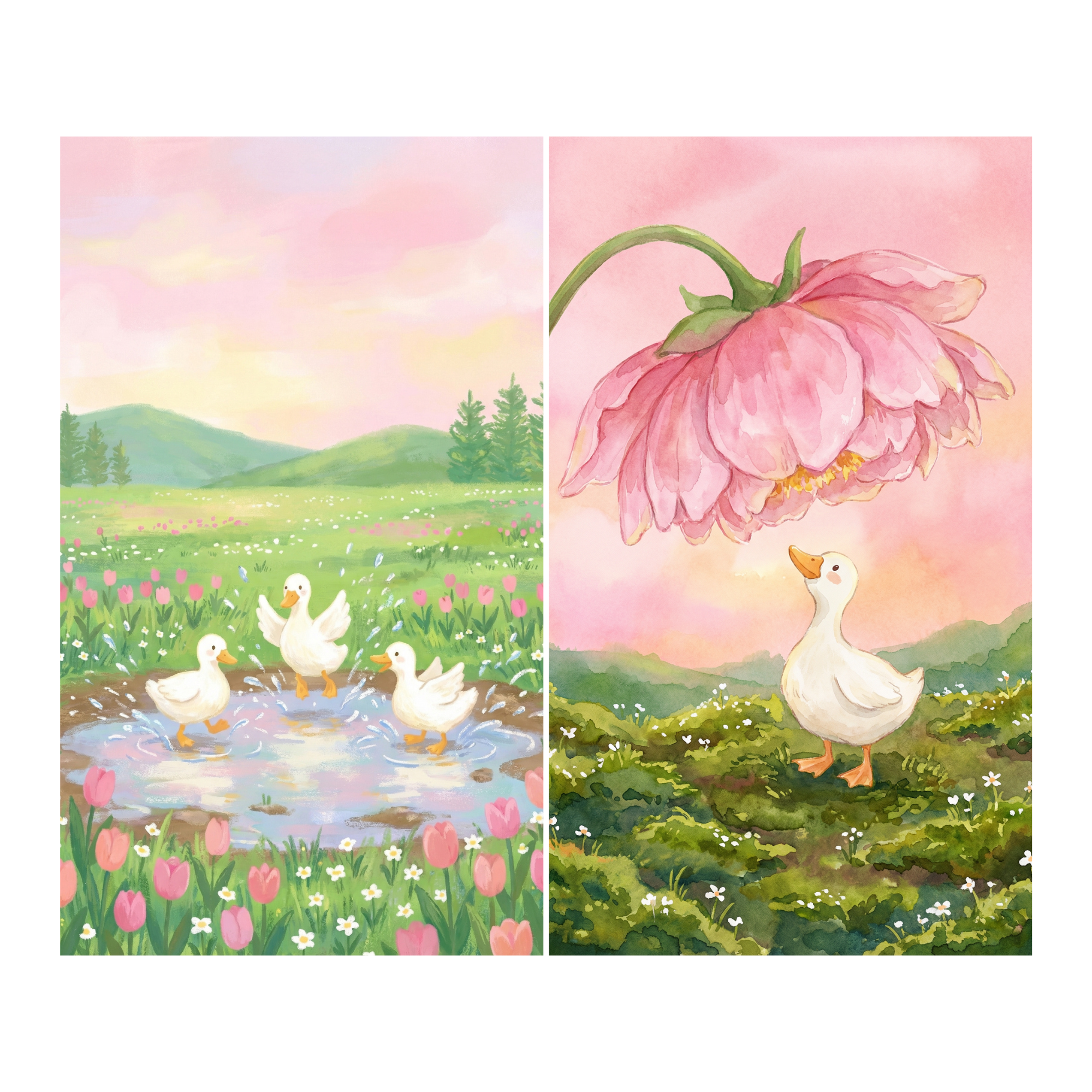 White Ducks Explore Wall Art Set of 2 - Petals And Puddles