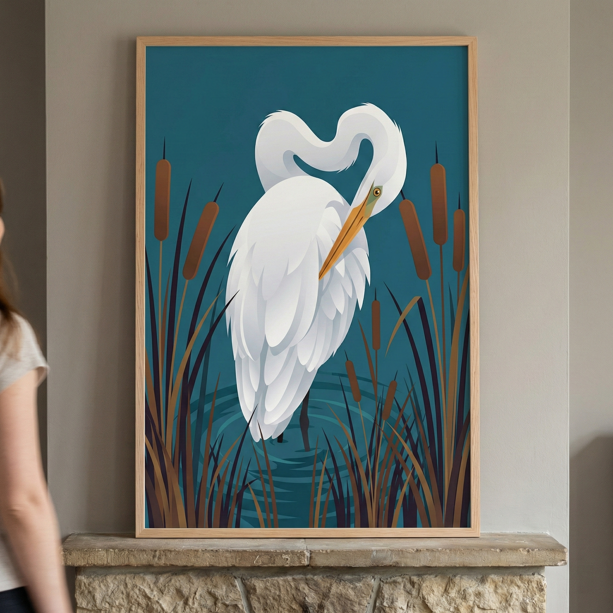 A person walks past a framed artwork depicting a stylized white egret with an elegantly curved neck, surrounded by cattails and reeds against a teal background.