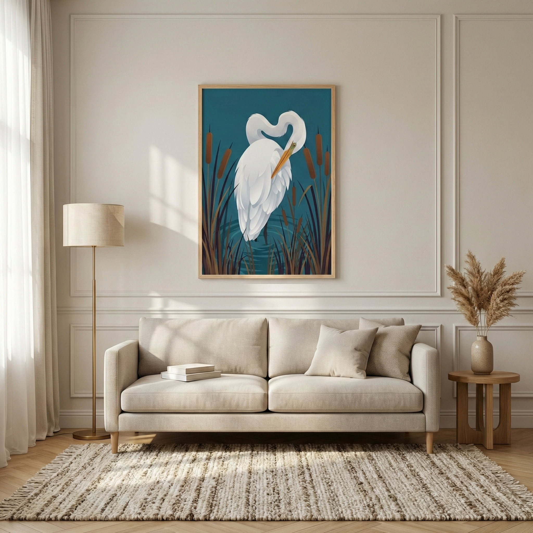 A cozy living room features a beige sofa with plush cushions, a textured rug, and a wooden side table with a vase of dried grasses. A floor lamp stands nearby, and a striking painting of two white egrets among cattails hangs on the wall above the sofa, adding a touch of nature to the space.