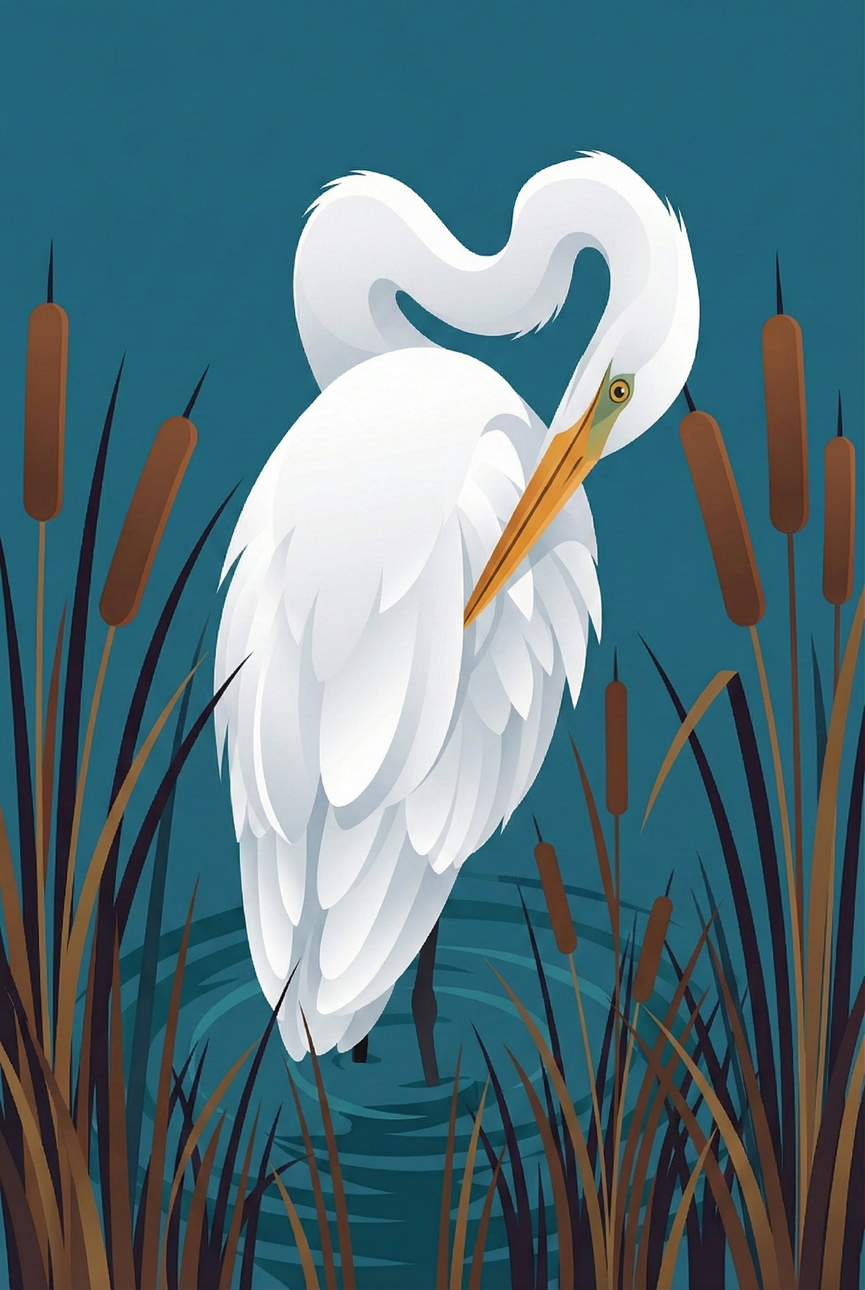 A stylized vector illustration of a white egret standing in water. The bird features an elegantly curved neck and is preening its layered white feathers with a long, sharp orange beak. It stands amidst tall, dark marsh grass and several brown cattails. The background is a solid deep teal, and the water at the bottom shows circular ripples. The artwork has a clean, graphic aesthetic with smooth gradients and sharp lines.