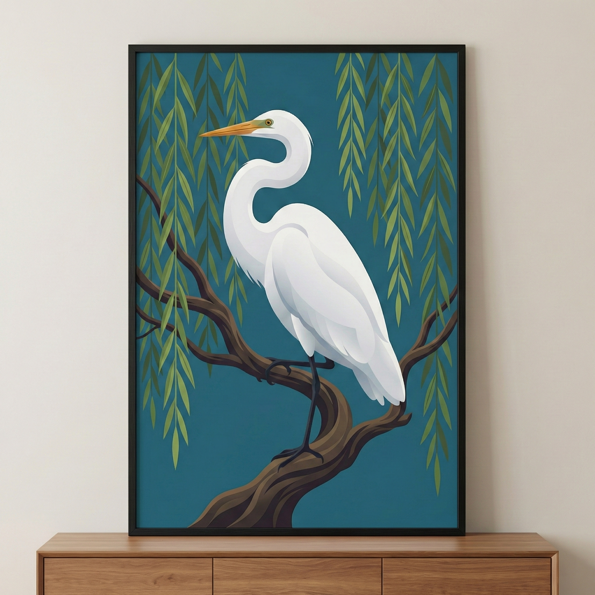 A stylized illustration of a majestic white heron with a long, elegant S-curved neck and a sharp yellow-orange beak. The bird is perched gracefully on a thick, winding brown tree branch that curves through the lower half of the composition. Slender green leaves hang from the top and sides, framing the central bird against a solid, deep teal-colored backdrop. The artwork features a clean, modern graphic style with smooth lines. It is encased in a thin black frame on a wooden surface.