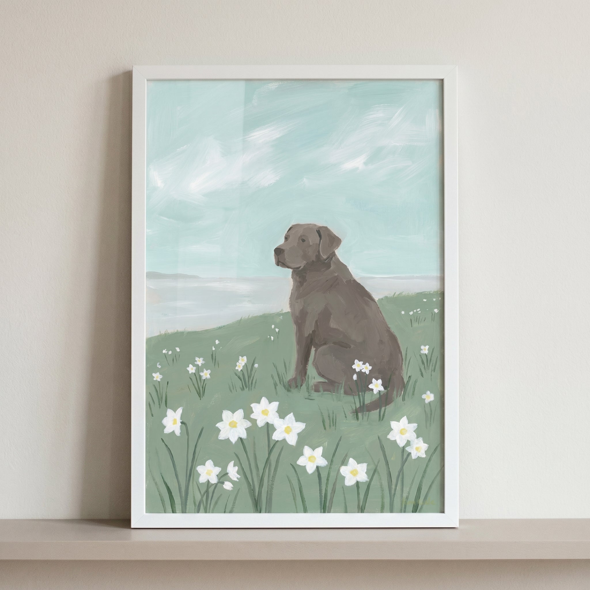 White Flower Chocolate Labrador Dog Wall Art - Seaside Daffodil Dog