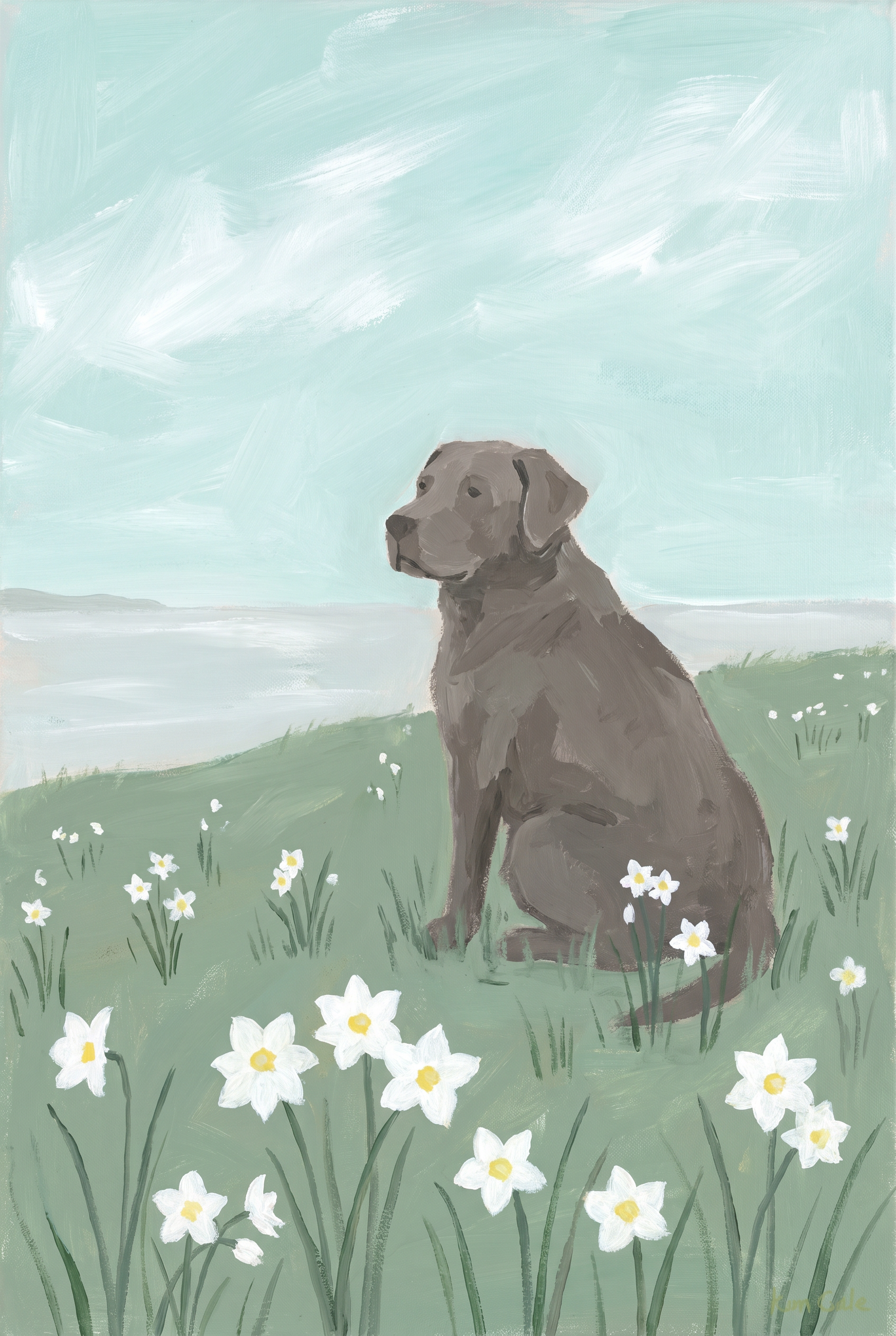 White Flower Chocolate Labrador Dog Wall Art - Seaside Daffodil Dog