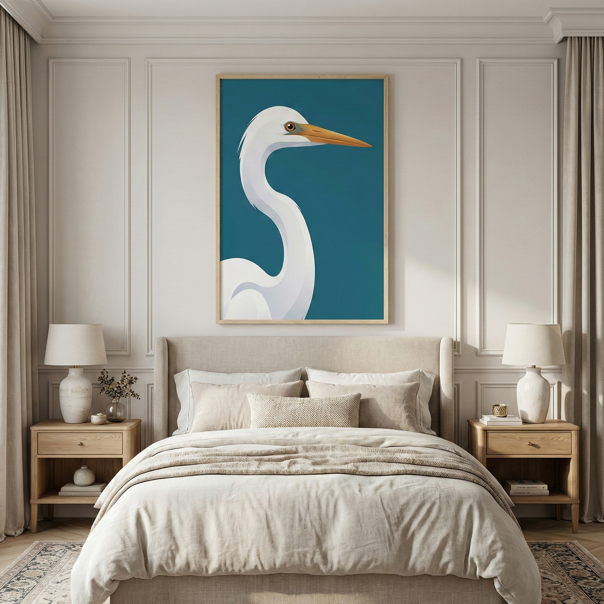 A cozy bedroom features a large painting of a white heron with an orange beak against a teal background, hanging above a neatly made bed with beige linens. Flanked by wooden nightstands with matching lamps, the room exudes a warm and inviting atmosphere.