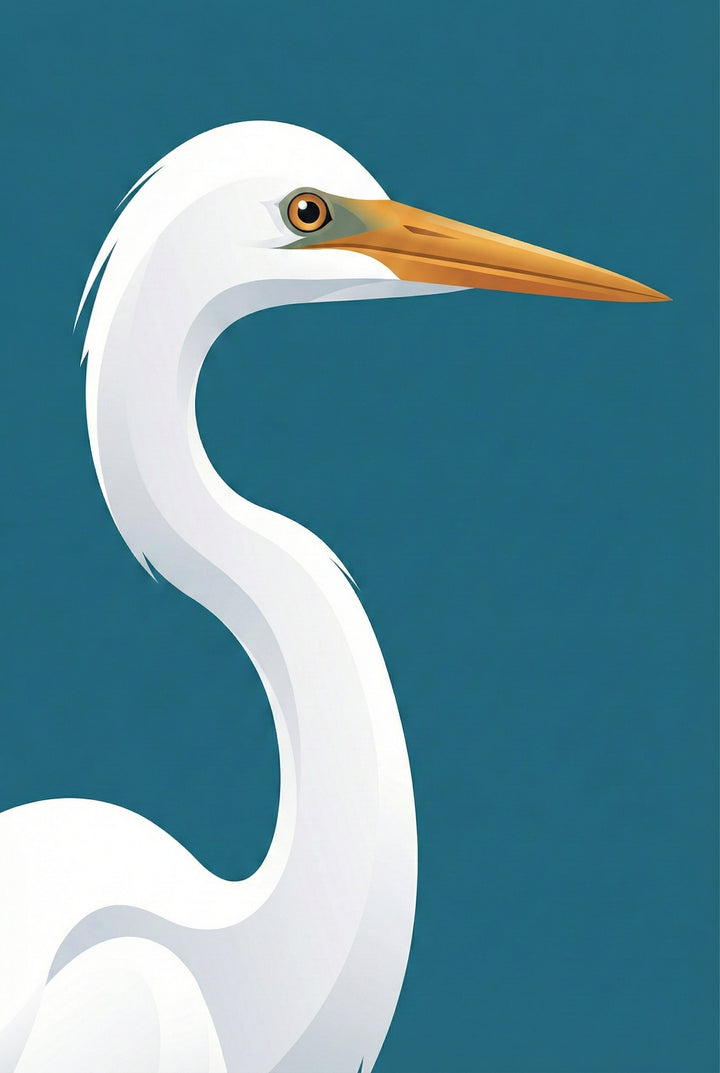A minimalist digital illustration of a white bird with a long, S-curved neck, resembling an egret. The bird is shown in profile facing right, with a sharp, elongated orange beak and a small, round orange eye. The design features clean, flowing lines and soft gradients on its white feathers. The background is a solid, deep teal color, creating a striking contrast with the bright subject.