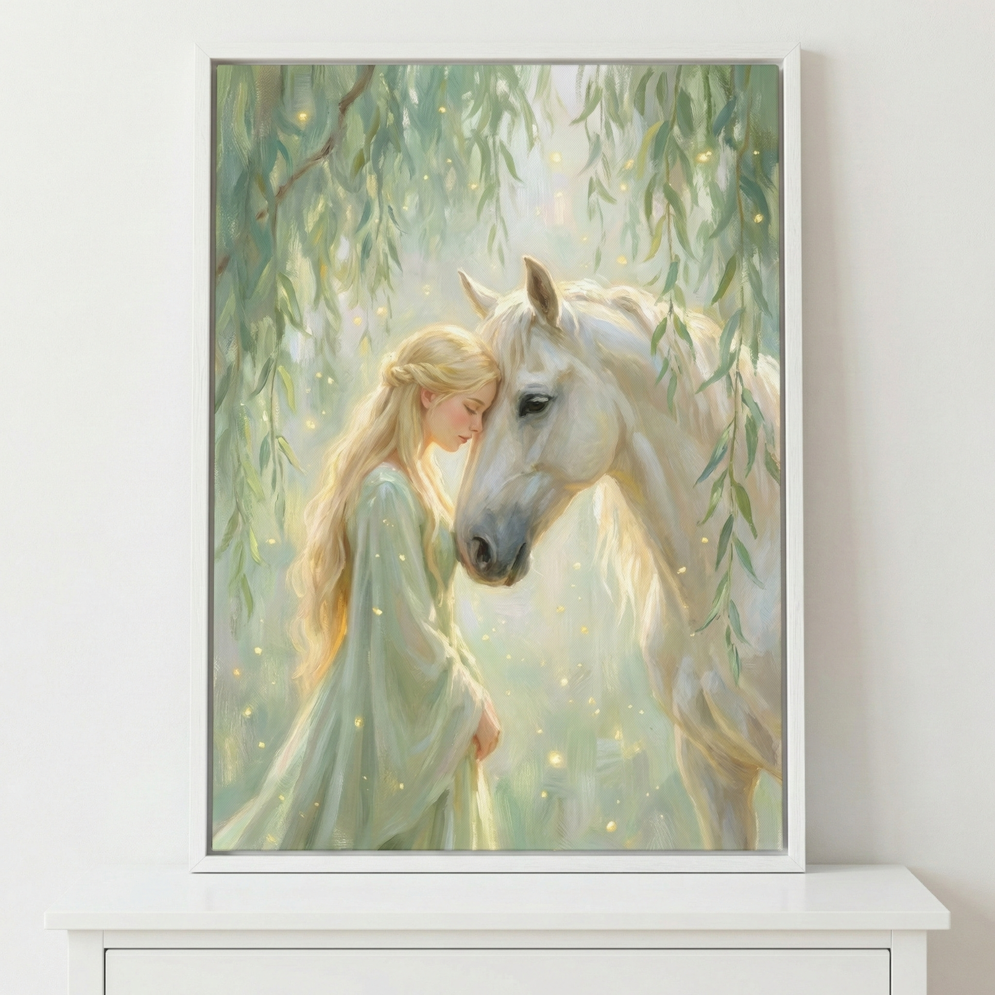 An ethereal vertical artwork depicts a tender moment between a young woman and a white horse. The woman, with long blonde hair and a pale green flowing gown, rests her forehead against the horse's head. Both figures appear calm and connected. They are framed by drooping willow branches with delicate green leaves. The background is a soft, luminous green and white, dotted with small, glowing golden specks that create a magical atmosphere. The piece is held in a simple white frame.