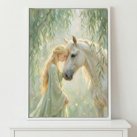 An ethereal vertical artwork depicts a tender moment between a young woman and a white horse. The woman, with long blonde hair and a pale green flowing gown, rests her forehead against the horse's head. Both figures appear calm and connected. They are framed by drooping willow branches with delicate green leaves. The background is a soft, luminous green and white, dotted with small, glowing golden specks that create a magical atmosphere. The piece is held in a simple white frame.