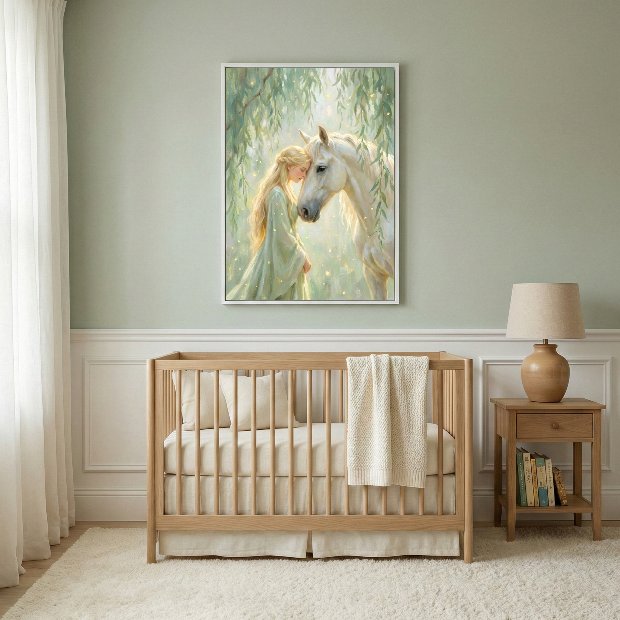 A cozy nursery features a wooden crib with a cream blanket, set against a light green wall. Above the crib hangs a serene painting of a woman and a white horse surrounded by soft light and foliage. A wooden nightstand with a lamp and books completes the peaceful setting.