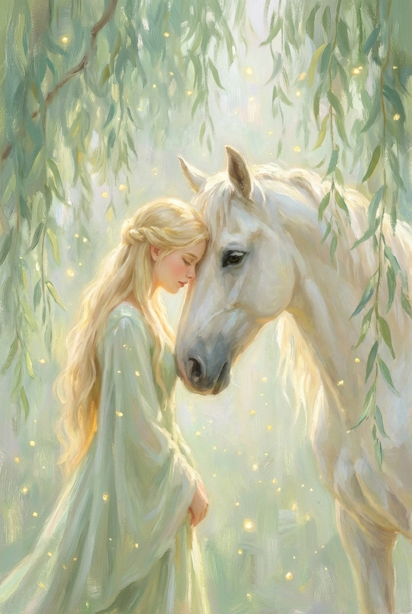 A dreamlike digital illustration depicts a woman with long, flowing golden hair and a pale green gown gently leaning her forehead against the forehead of a large white horse. They stand in a soft-focus forest setting beneath drooping willow branches. Tiny, glowing specks of light float throughout the hazy, luminous atmosphere, creating a magical aura. The style features delicate, expressive brushwork and a serene, ethereal color palette of soft greens, creams, and warm gold.