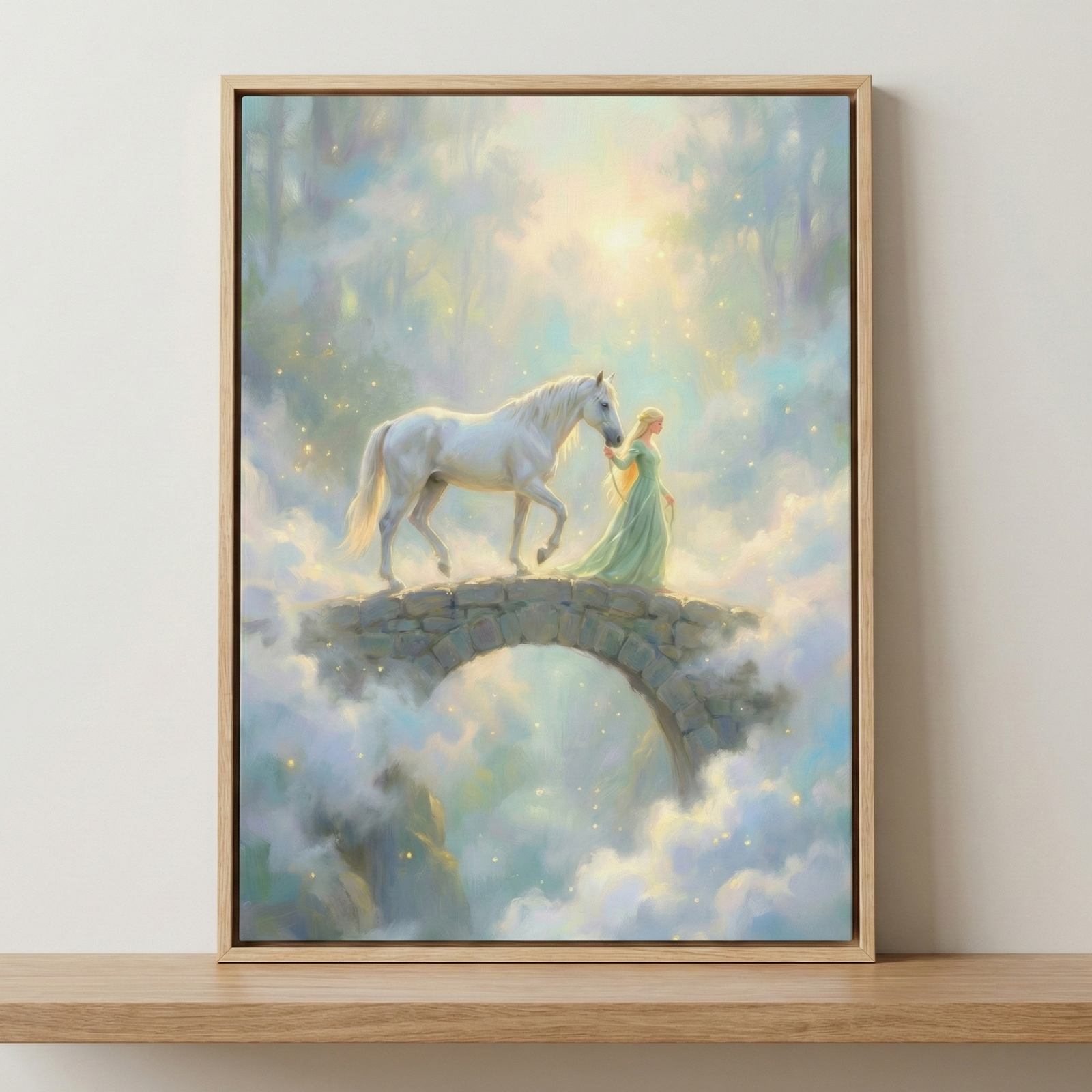 An ethereal digital illustration presented in a light wood frame. A woman with long blonde hair, wearing a flowing, pale green gown, walks beside a majestic white horse. They are traversing an arched stone bridge that appears to float amidst soft, billowy clouds. The scene is bathed in a warm, radiant light, with glowing sparks of light dancing throughout the misty atmosphere. The piece features soft textures and a pastel color palette, creating a serene and magical fantasy scene.