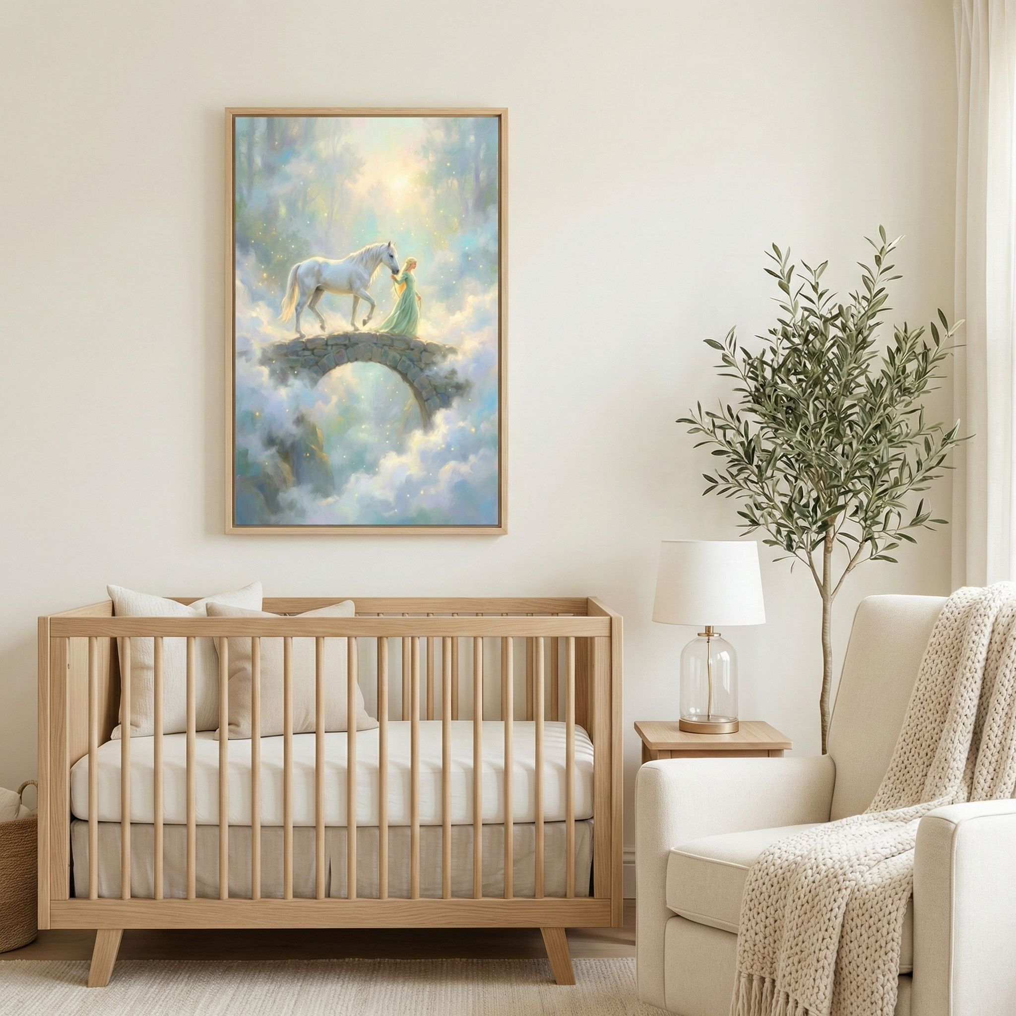 A cozy nursery features a wooden crib with soft pillows, a side table with a lamp, and a comfortable armchair draped with a knitted blanket. Above the crib hangs a whimsical painting of a woman in a green dress and a white horse standing on a stone bridge surrounded by clouds and soft, glowing light. An olive tree adds a touch of greenery to the serene space.
