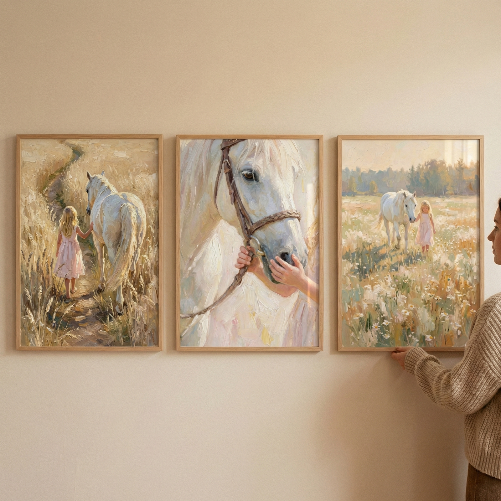 A photograph shows three vertical wooden-framed art pieces hung on a beige wall. The artwork depicts scenes in a soft, textured style with visible brushstrokes. In the left frame, a young girl in a light pink dress and a white horse are seen from behind, walking down a path through fields of tall, golden grass. The middle frame features a close-up of the horse's face, with a child's hands gently touching its muzzle.