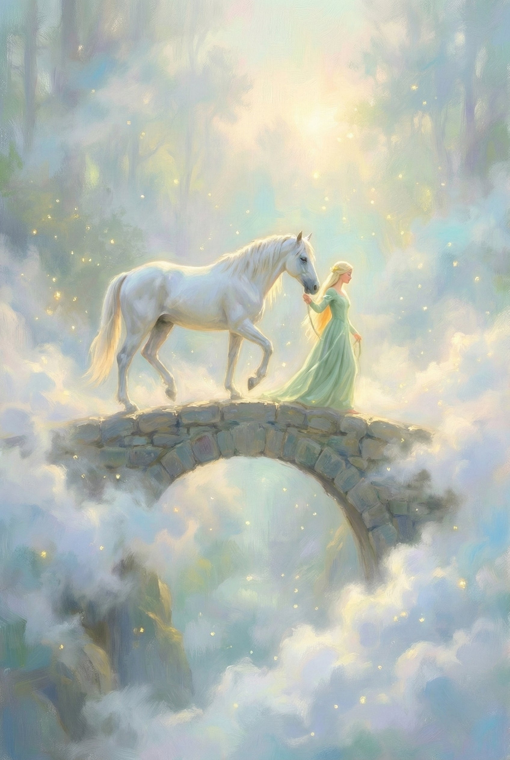A woman with long blonde hair, wearing a flowing sage green gown, leads a majestic white horse across an arched stone bridge. They are surrounded by a dreamlike, ethereal landscape filled with soft white clouds and glowing golden specks that resemble fireflies. A radiant, golden light filters through the mist from above, creating a serene and magical atmosphere. The artwork uses a pastel palette of blues, yellows, and whites, giving it a soft, otherworldly quality.
