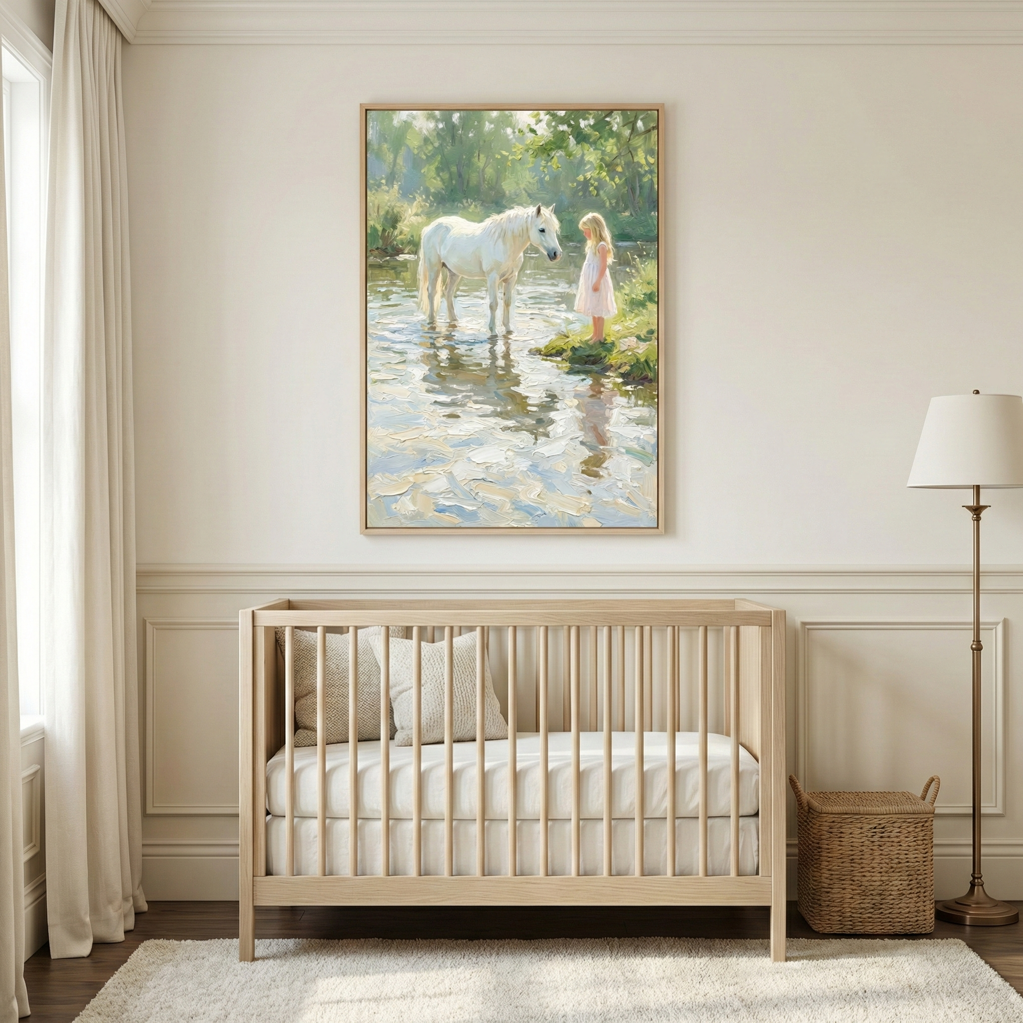 A light wood crib with white bedding sits against a softly paneled wall, styled with neutral curtains, a woven basket, and a tall floor lamp for a calm minimalist nursery look. Above the crib hangs a framed impressionist painting of a young girl in a pale dress standing by a white pony in a sunlit forest stream, adding a gentle storybook focal point to the serene space.