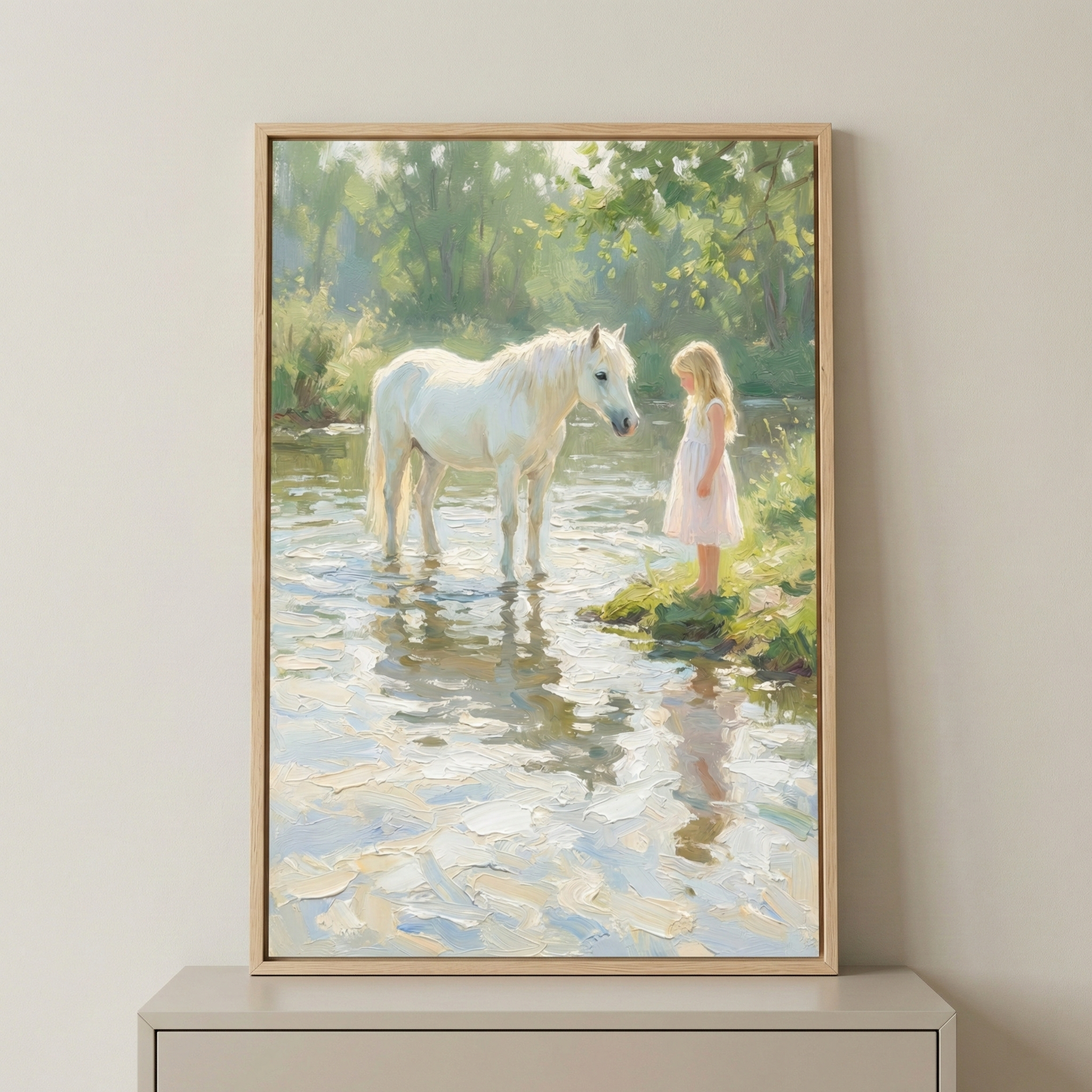 A softly lit framed painting of a young girl in a pale dress standing at the edge of a shallow stream, facing a white pony that stands in the water beneath leafy green trees. The impressionist brushstrokes capture gentle reflections on the rippling surface and warm sunlight filtering through the forest, creating a peaceful and storybook inspired scene suitable for a nursery or child’s room.