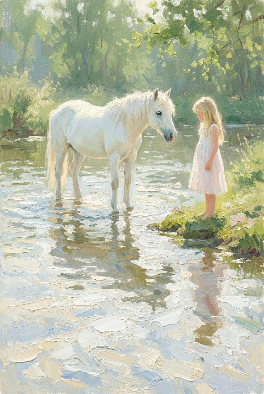 An impressionistic artwork showing a young girl with long blonde hair in a white dress standing on a grassy bank, looking toward a majestic white horse. The horse stands in a shallow, reflective stream within a sunlit, green forest. The scene is rendered with thick, visible brushstrokes and dappled light, creating a peaceful and ethereal atmosphere. The water ripples around the horse's legs, reflecting its bright form and the surrounding foliage in a mosaic of light and color.