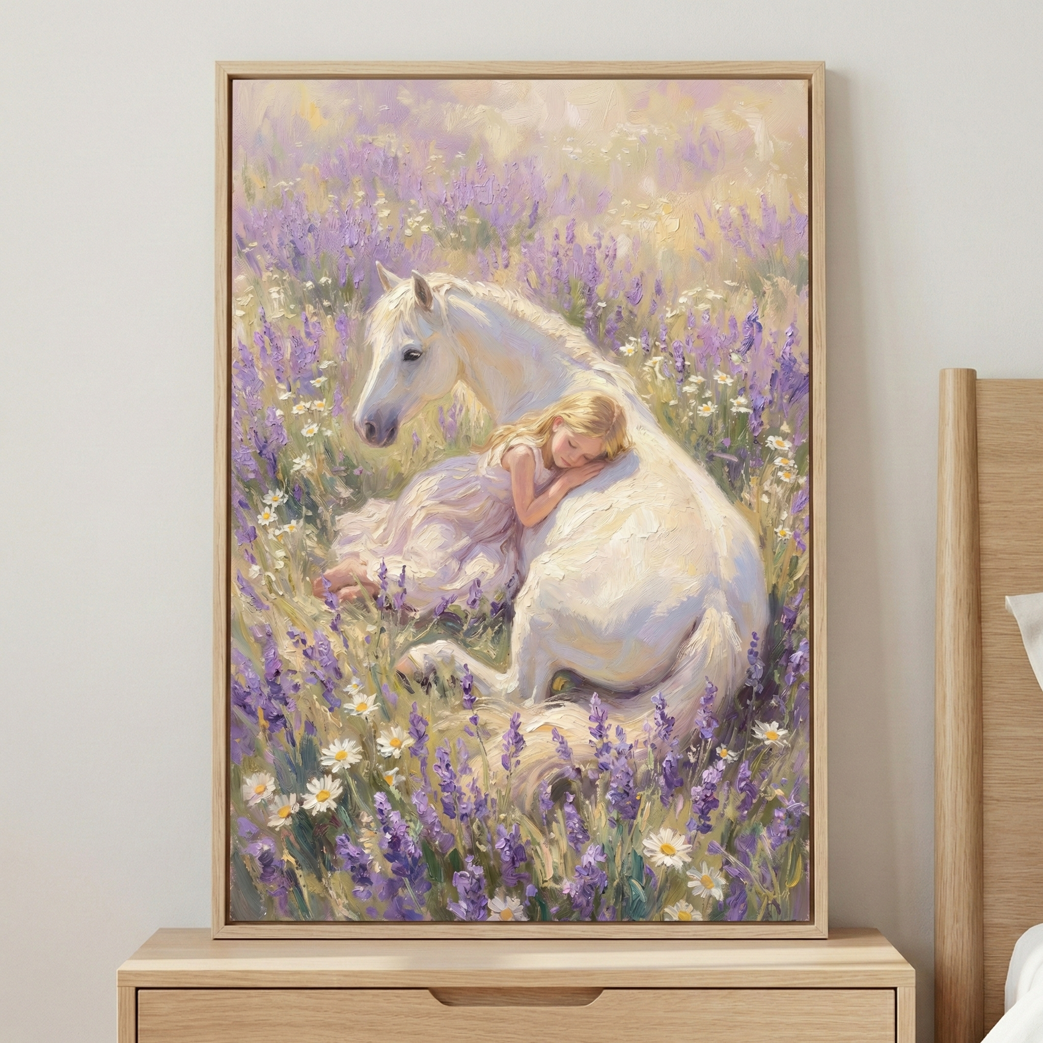 An impressionistic framed artwork sits on a light wood dresser. The image depicts a young blonde girl peacefully resting against a large white horse lying in a field. They are surrounded by a sea of purple lavender and small white daisies. The piece uses soft, pastel colors and thick, visible brushstrokes to create a serene, dreamlike mood. The sun-drenched background is filled with hazy shades of yellow and lavender.