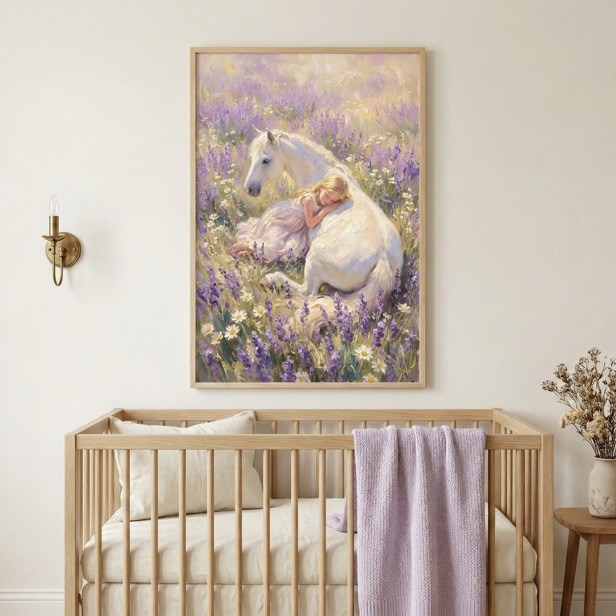 A cozy nursery features a wooden crib with a soft pillow and a lavender blanket draped over the side. Above the crib hangs a framed painting of a girl resting against a white horse in a field of purple and white flowers, creating a serene and dreamy atmosphere.