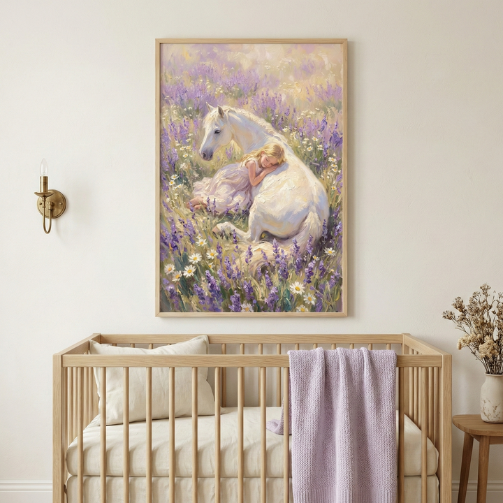 A cozy nursery features a wooden crib with a soft pillow and a lavender blanket draped over the side. Above the crib hangs a framed painting of a girl resting against a white horse in a field of purple and white flowers, creating a serene and dreamy atmosphere.