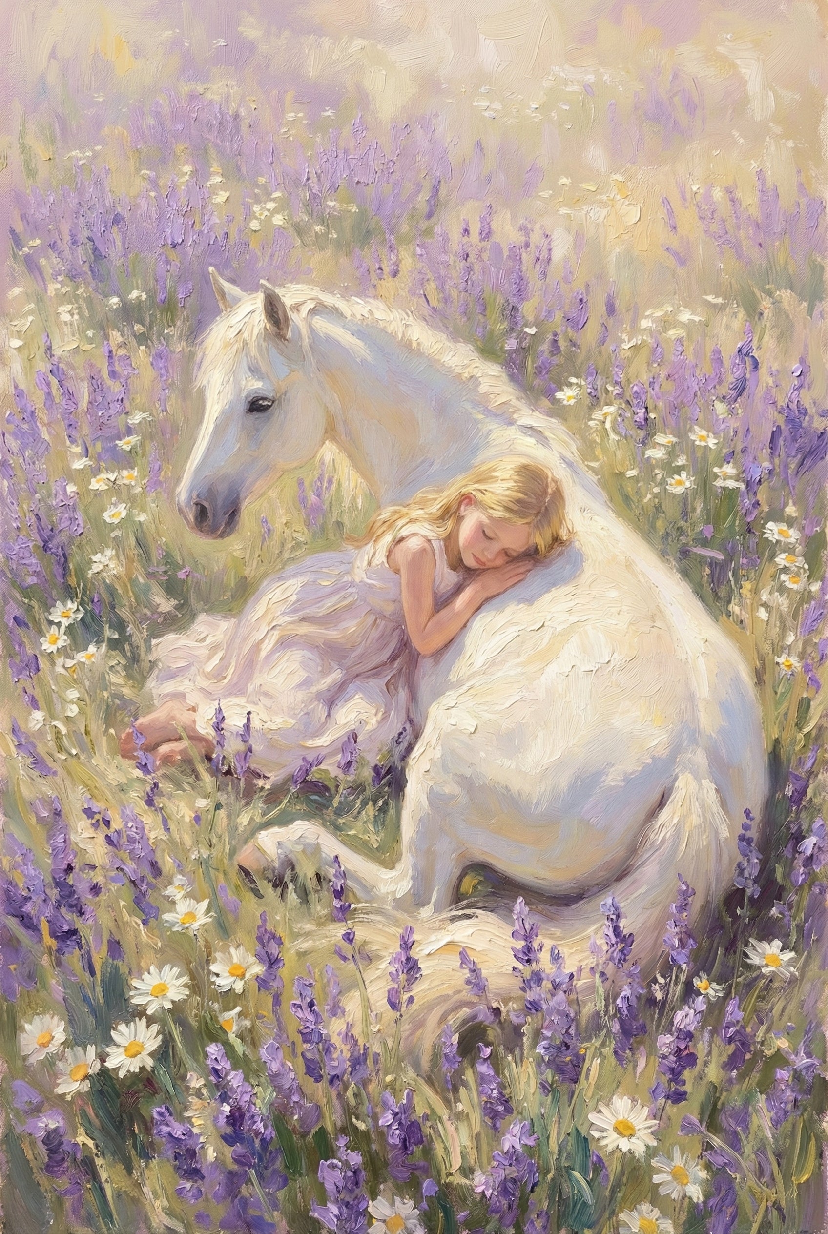 An impressionistic scene depicts a young girl with long blonde hair, wearing a light-colored dress, resting her head against a large, reclining white horse. They are lying together in a lush field filled with purple lavender and white daisies. The artwork uses thick, visible brushstrokes and a soft, sun-drenched color palette to create a peaceful and dreamlike atmosphere. The horse's gentle gaze and the girl's quiet repose emphasize a sense of trust and companionship.